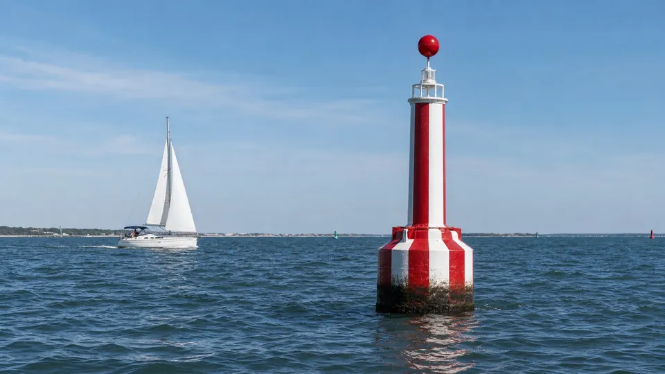 Trainingsillustration: Segelboot neben einer rot-weiß gestreiften Fahrwassermitte-Tonne auf ruhiger See