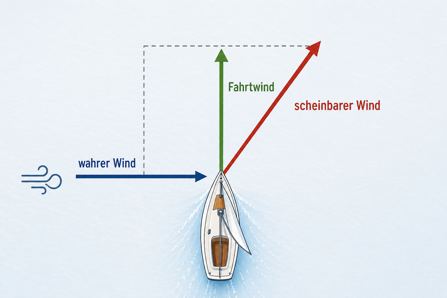 Diagramm eines Segelboots auf Amwindkurs mit wahrem Wind, Fahrtwind und stärkerem scheinbarem Wind