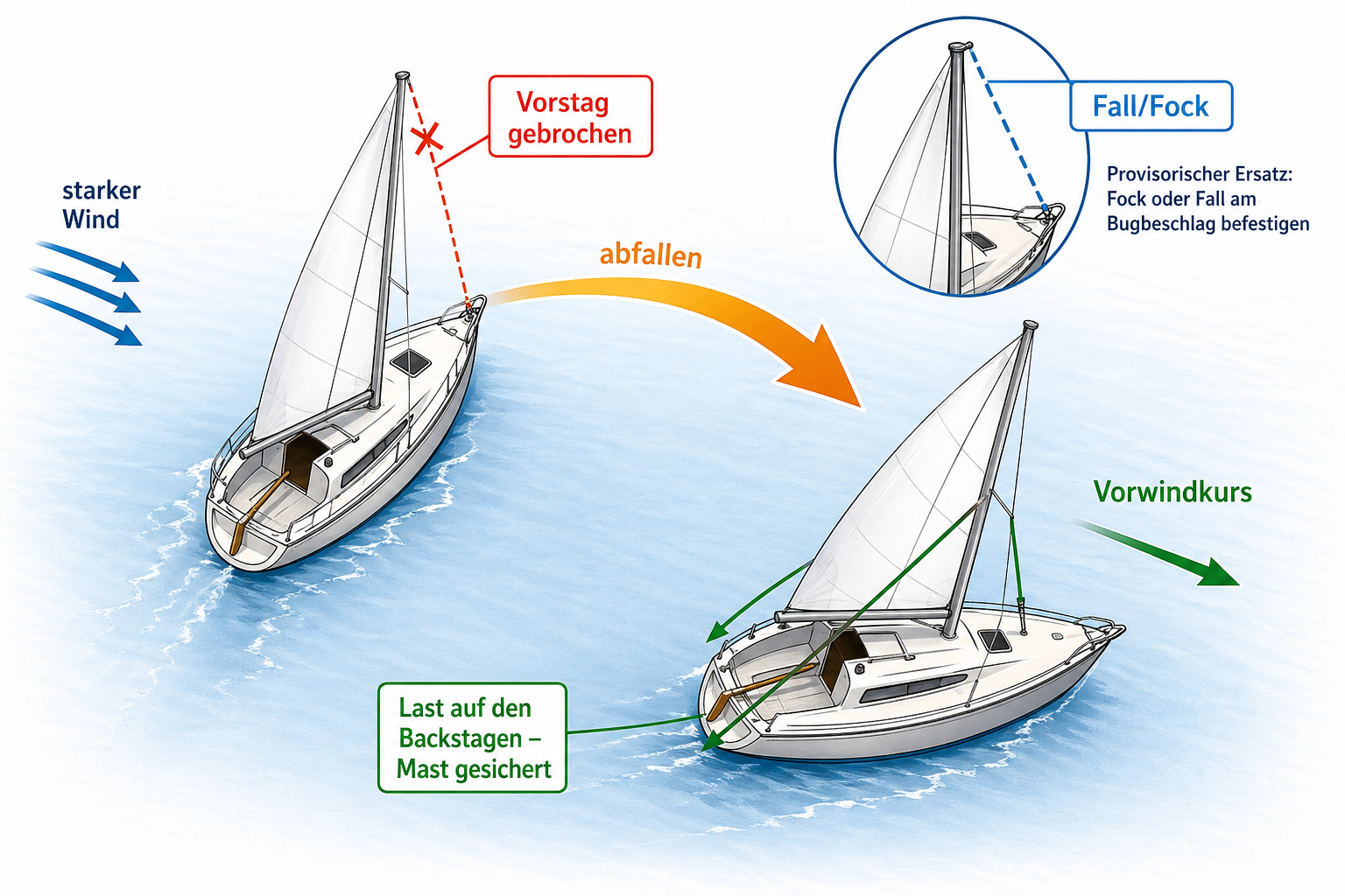 Segeldiagramm mit gebrochenem Vorstag und Kursänderung durch Abfallen auf Vorwindkurs