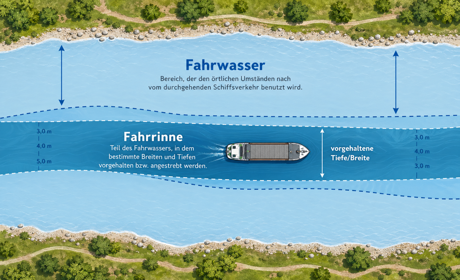Top-down-Diagramm einer Wasserstraße mit breiterem Fahrwasser und engerer, tiefer gehaltener Fahrrinne