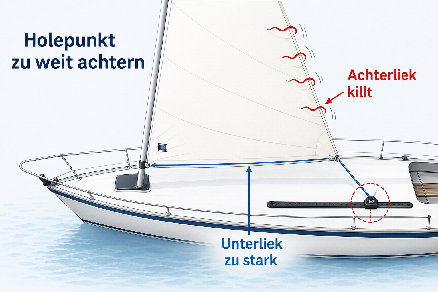 Diagramm eines Vorsegels mit zu weit achtern liegendem Holepunkt, killendem Achterliek und stark gespanntem Unterliek