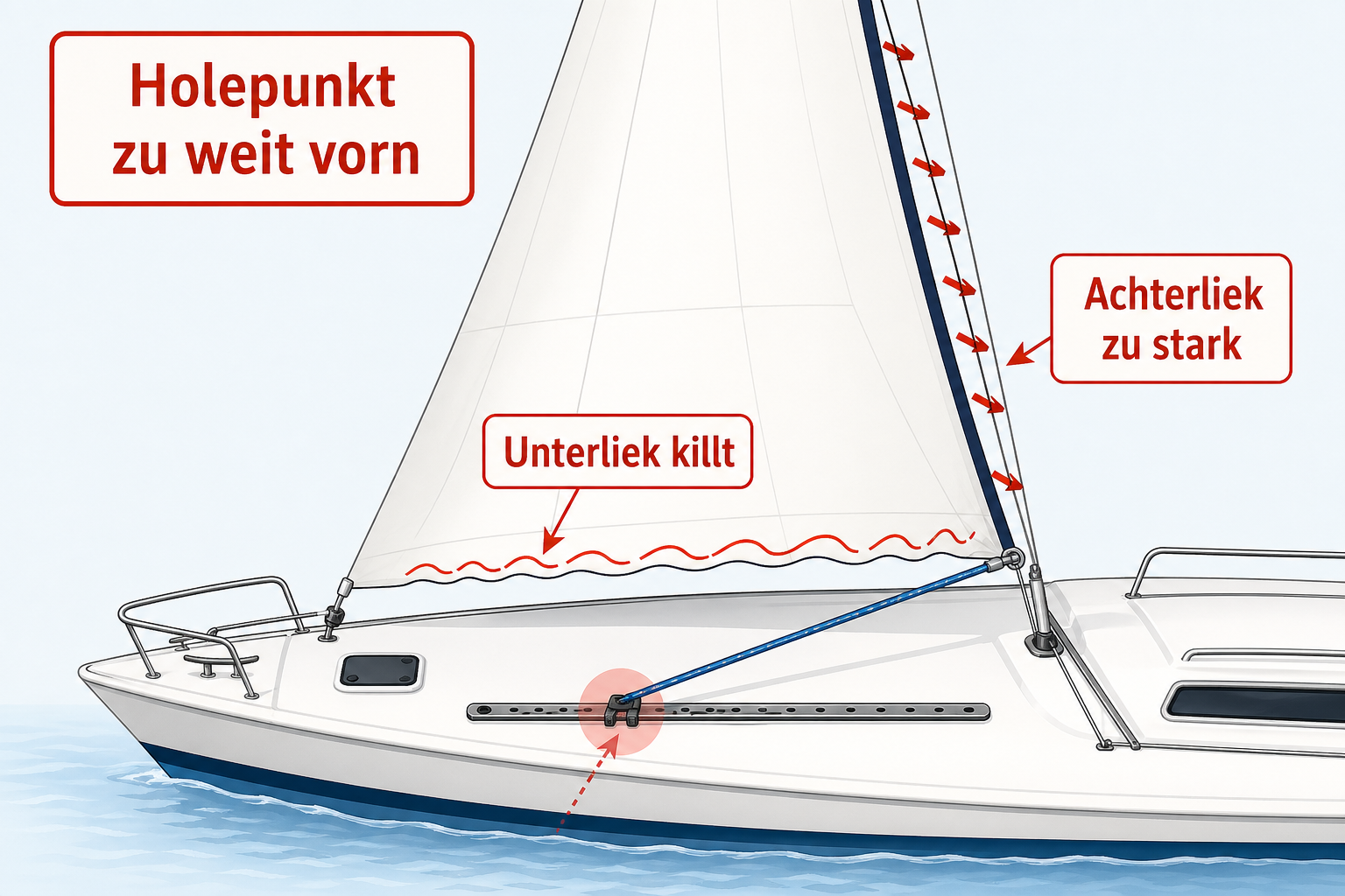 Diagramm eines Vorsegels mit zu weit vorn liegendem Holepunkt, killendem Unterliek und stark gespanntem Achterliek