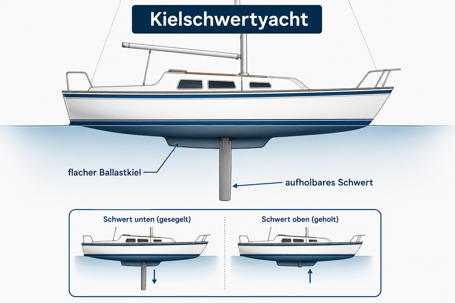 Technische Grafik einer Kielschwertyacht mit flachem Ballastkiel und aufholbarem Schwert
