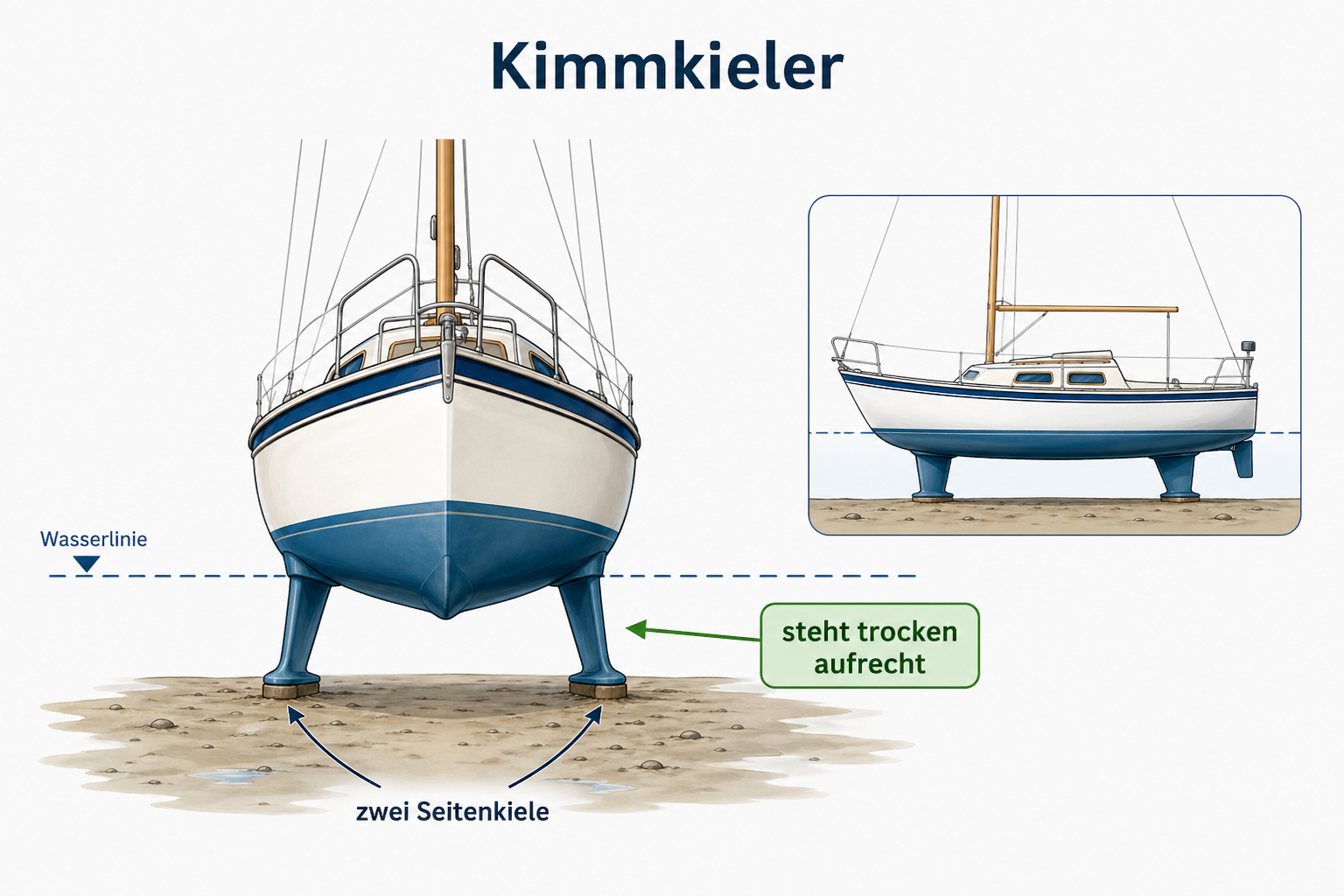 Technische Grafik eines Kimmkielers mit zwei Seitenkielen, der aufrecht trocken fallen kann