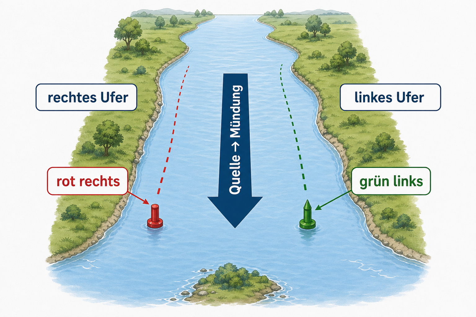 Top-down-Diagramm eines Flusses mit fester Richtung von der Quelle zur Mündung, rechtem und linkem Ufer sowie roter und grüner Fahrwasserseite