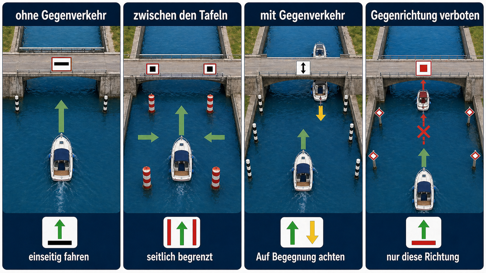 Eigene Vergleichsgrafik zu Brücken- und Durchfahrtszeichen mit Durchfahrt ohne Gegenverkehr, zwischen Tafeln, mit Gegenverkehr und gesperrter Gegenrichtung