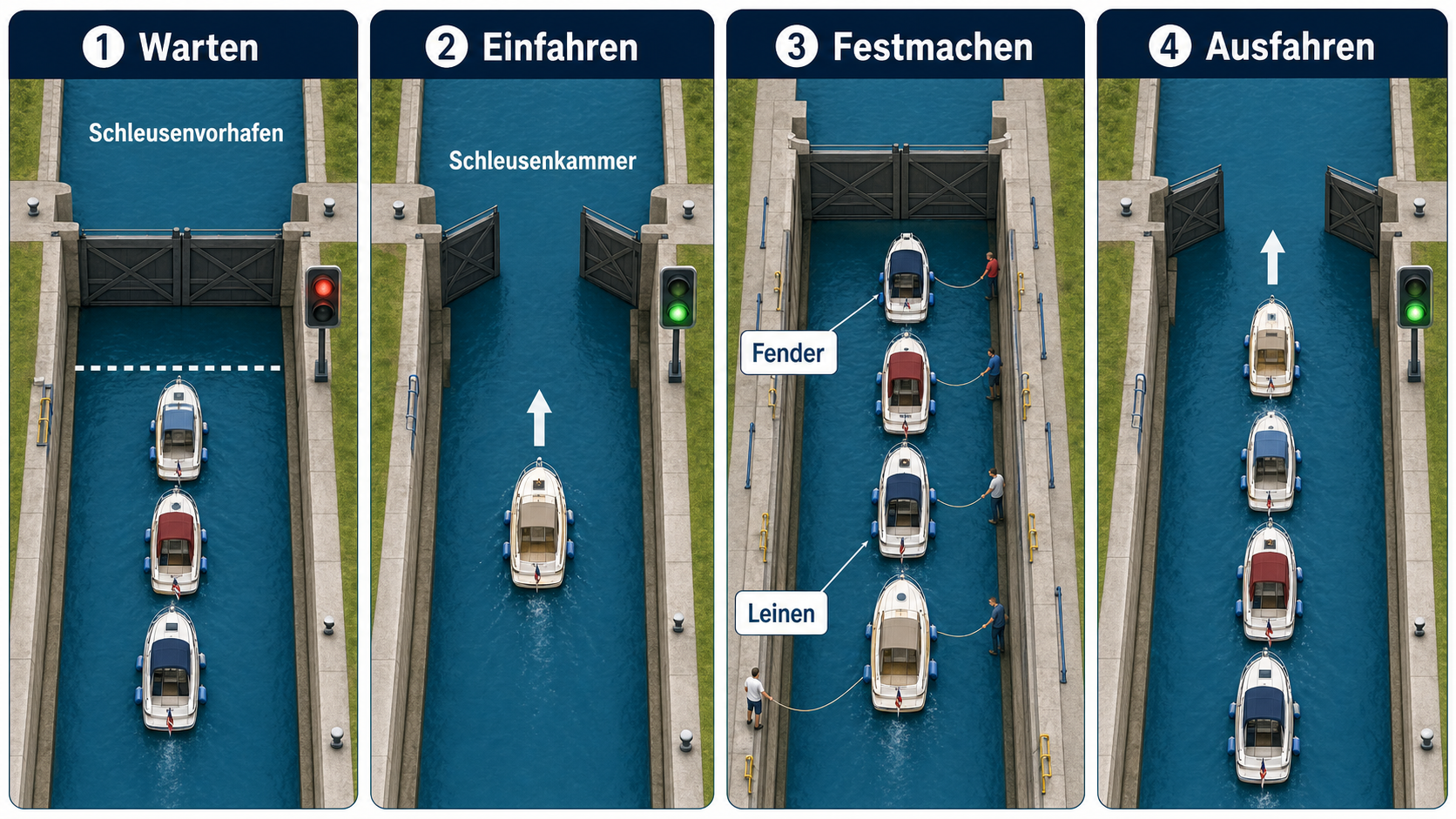Eigene Übersichtsgrafik zum Ablauf an einer Schleuse mit Warten, Einfahren, Festmachen und Ausfahren