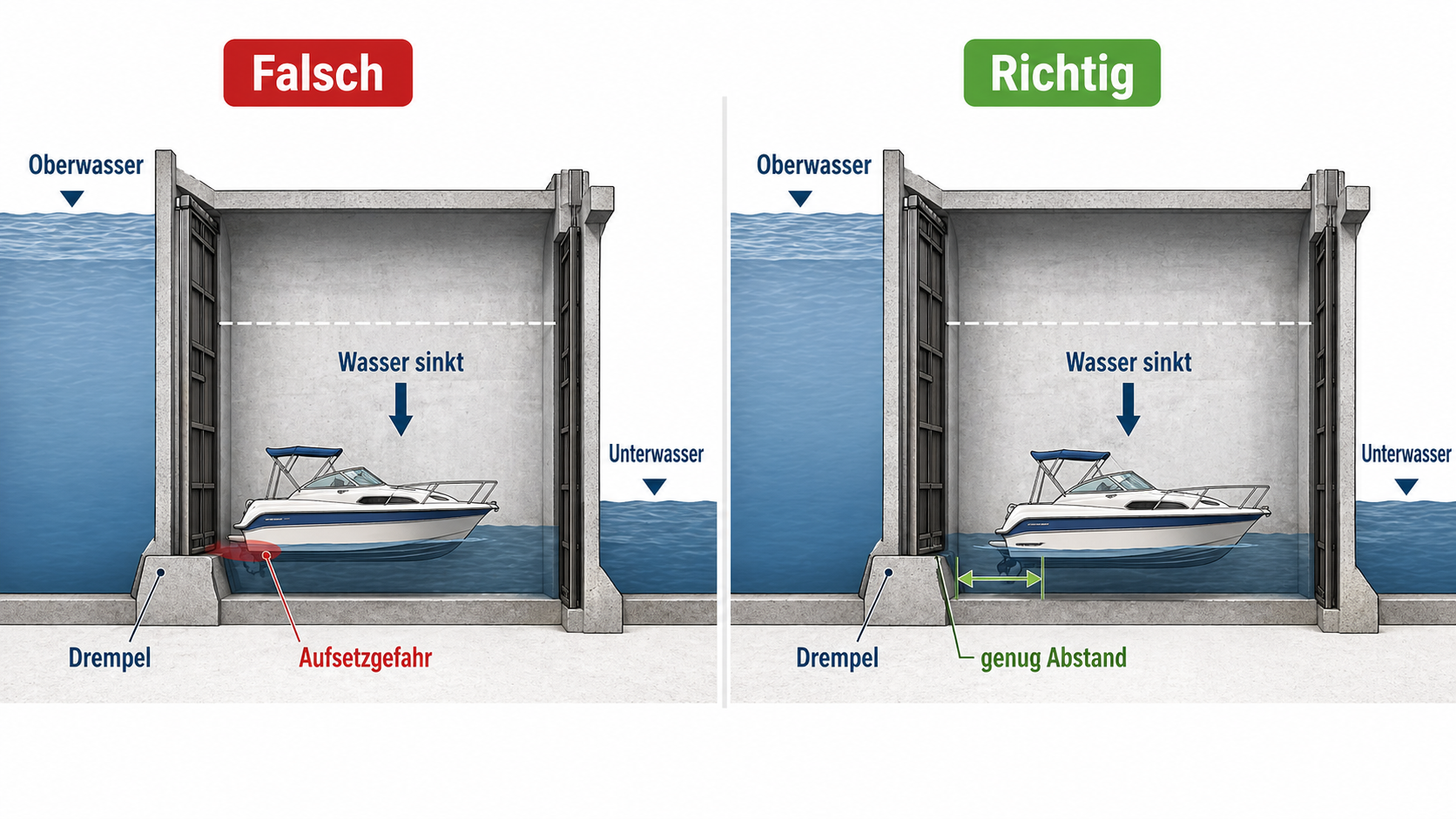Eigene Schnittgrafik zur Drempelgefahr beim Schleusen vom Oberwasser ins Unterwasser mit falscher und richtiger Bootposition