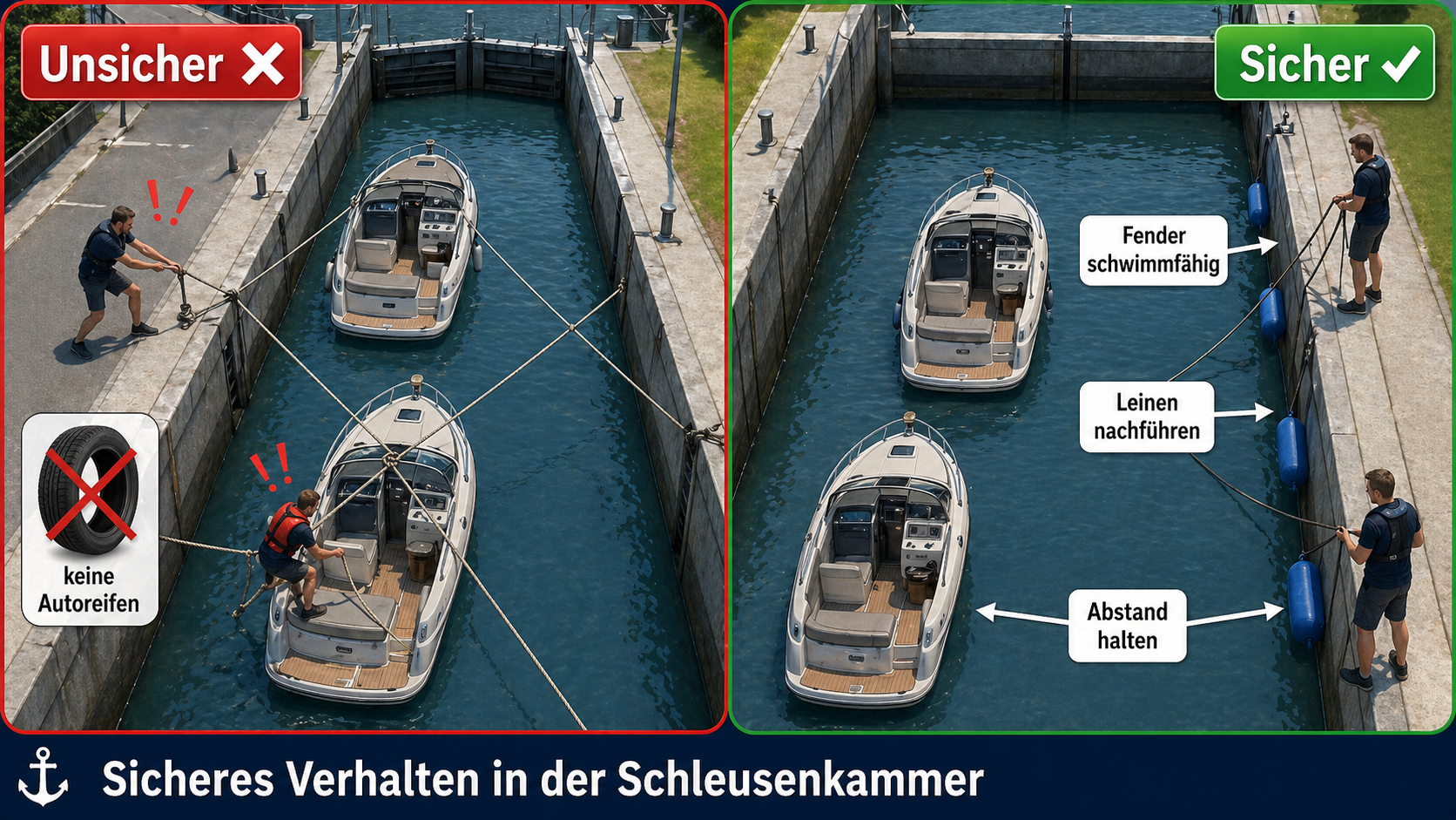 Eigene Vergleichsgrafik zu unsicherem und sicherem Verhalten in der Schleusenkammer mit Fendern, Leinen und Abstand