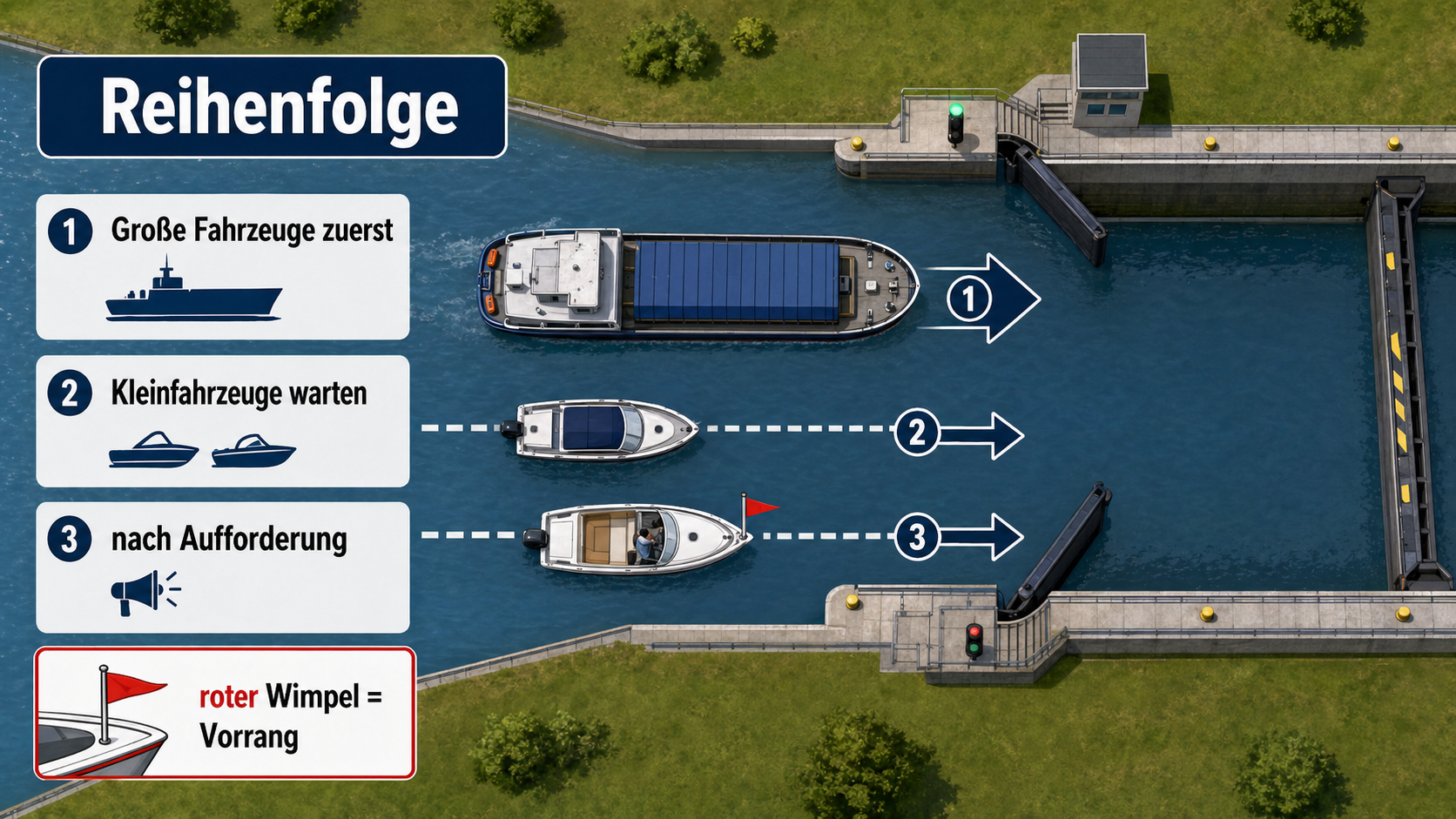 Eigene Übersichtsgrafik zur Reihenfolge beim Schleusen mit großen Fahrzeugen zuerst, wartenden Kleinfahrzeugen und rotem Wimpel für Vorrang