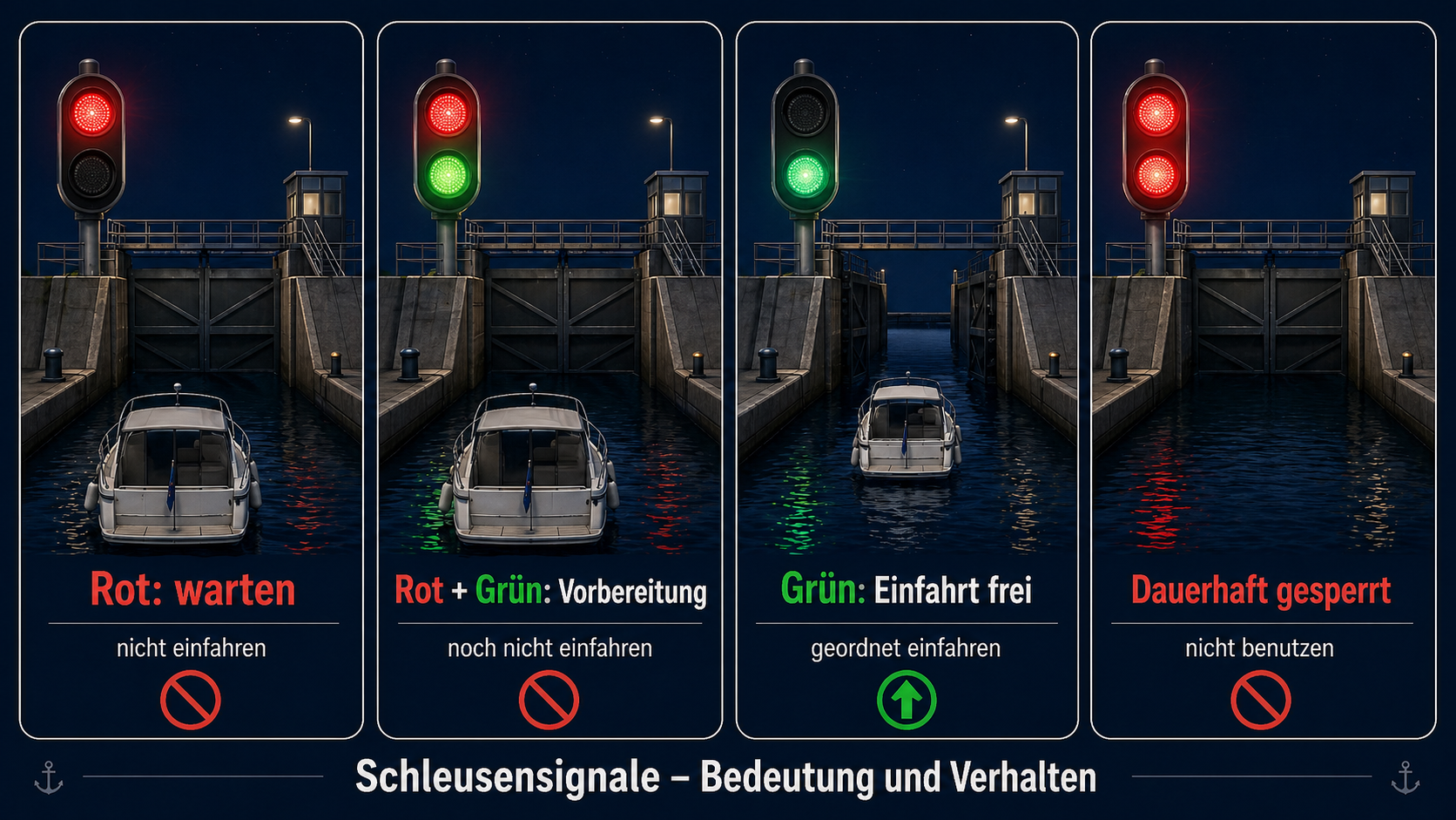 Eigene Übersichtsgrafik zu roten, rot-grünen und grünen Schleusensignalen sowie zur dauerhaften Sperrung
