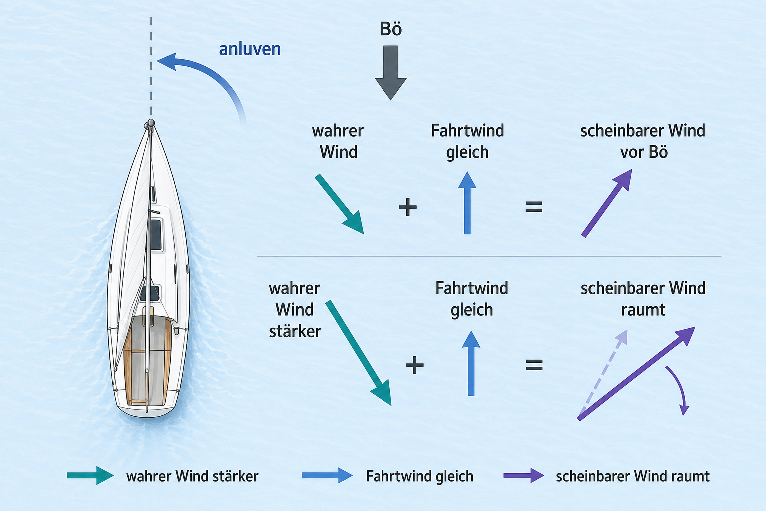 Diagramm eines Segelboots am Wind, bei dem in einer Bö der scheinbare Wind raumer einfällt und Anluven möglich wird