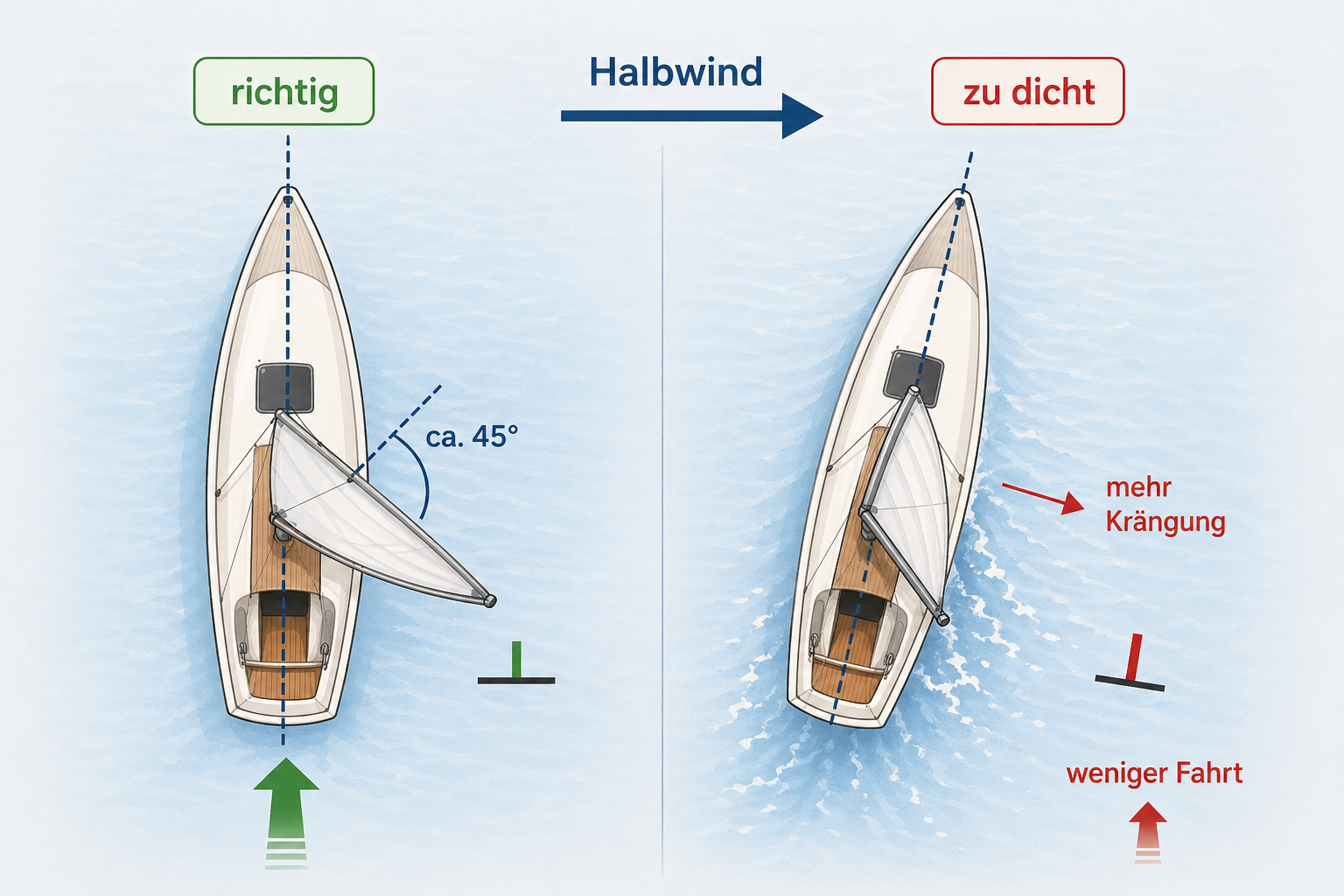 Diagramm eines Segelboots auf Halbwindkurs mit richtigem Segelwinkel und zu dicht geholtem Großsegel, mehr Krängung und weniger Fahrt