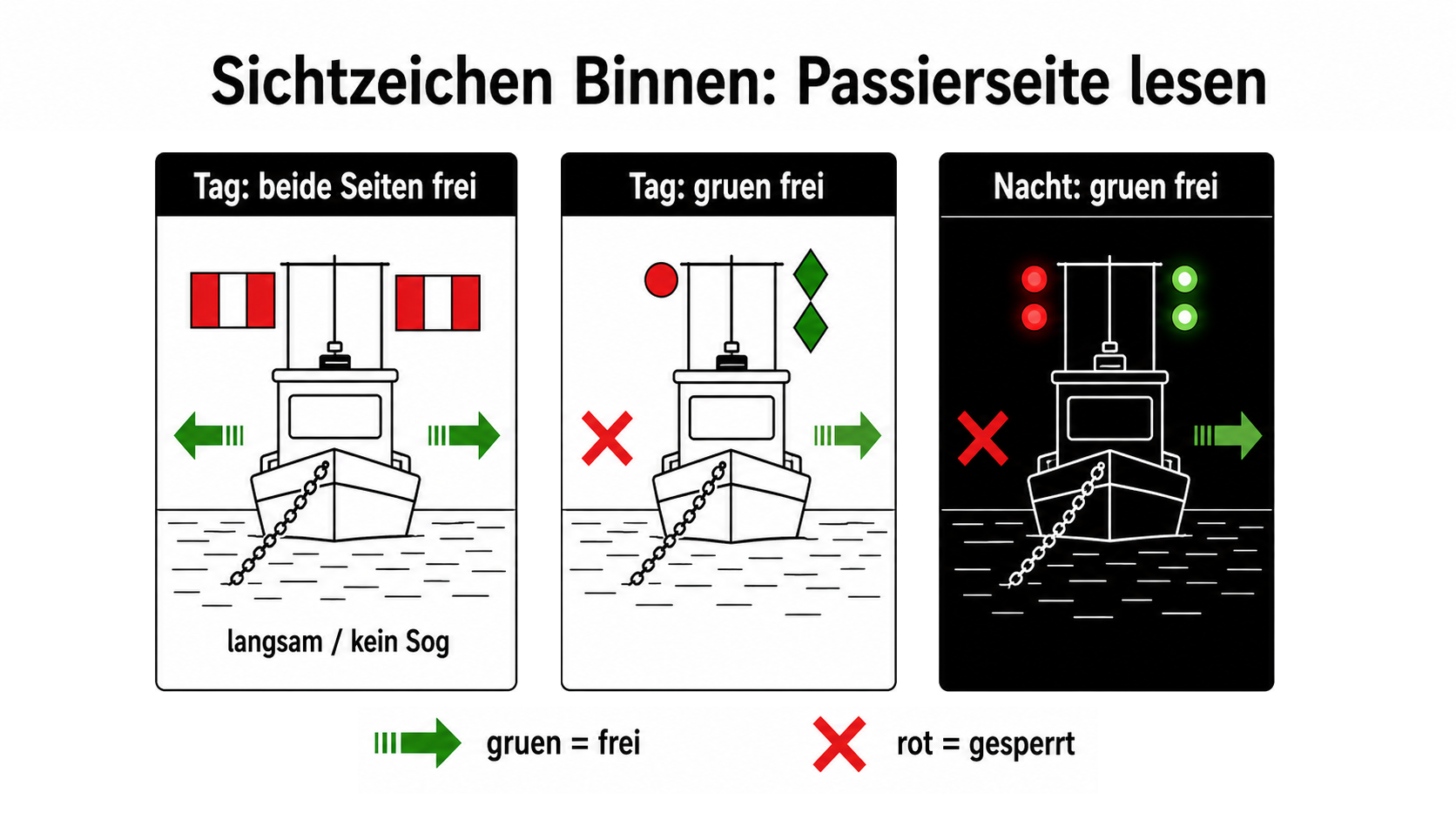 Eigene Lernskizze zur Passierseite bei schwimmenden Geräten mit grün als freier und rot als gesperrter Seite