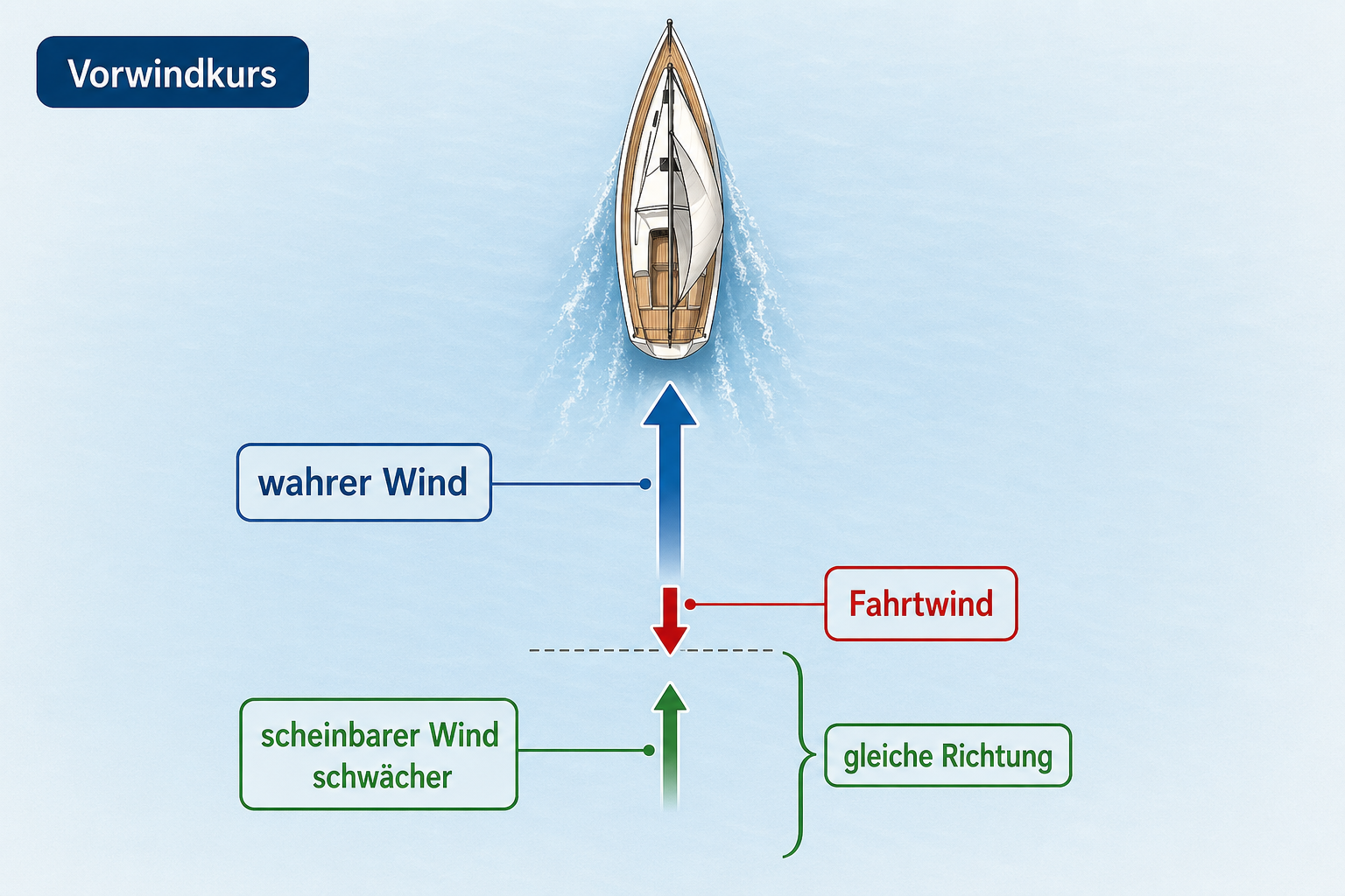 Diagramm eines Segelboots auf Vorwindkurs mit wahrem Wind und schwächerem scheinbarem Wind aus gleicher Richtung