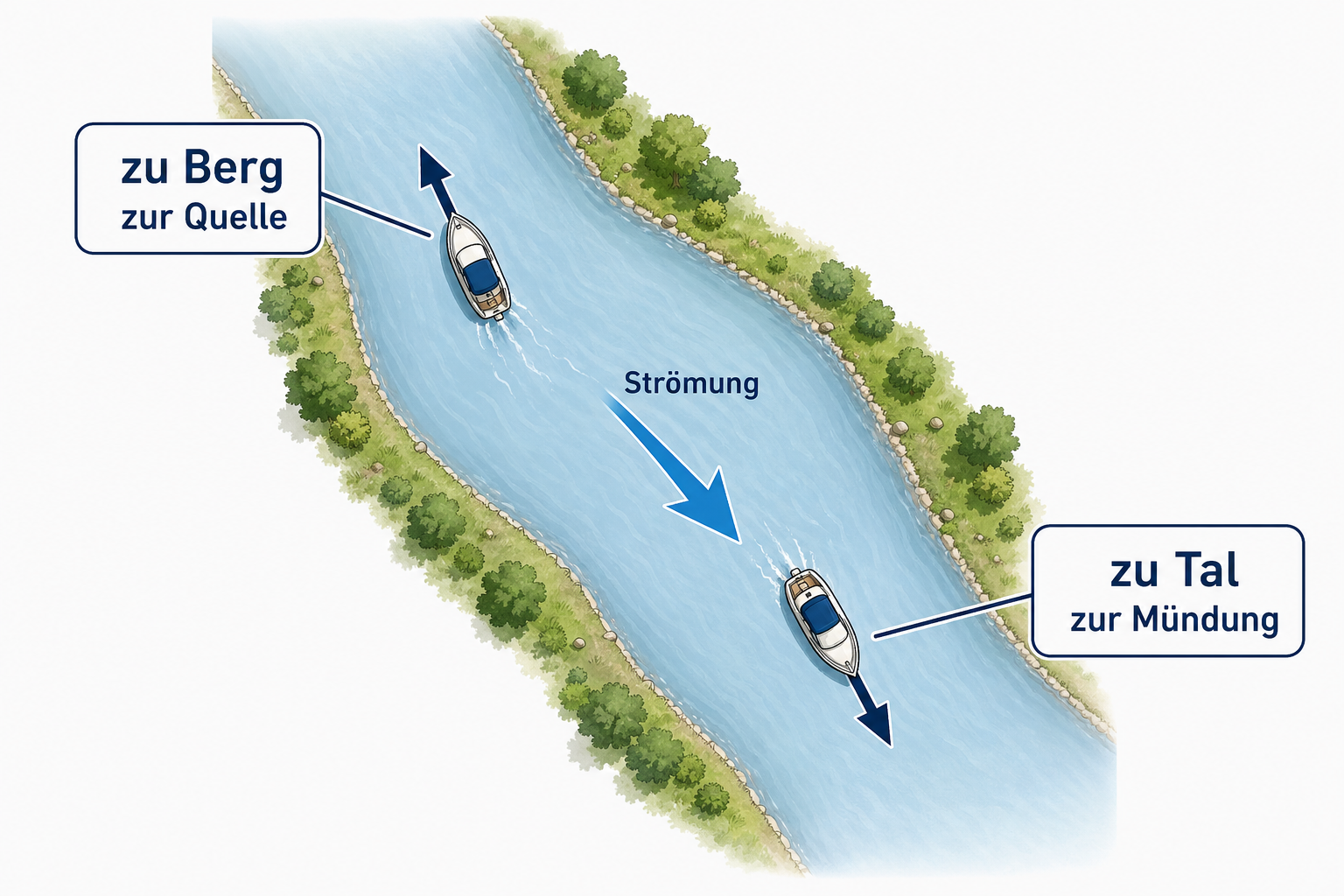 Top-down-Diagramm eines Flusses mit Strömungsrichtung, Bergfahrt zur Quelle und Talfahrt zur Mündung
