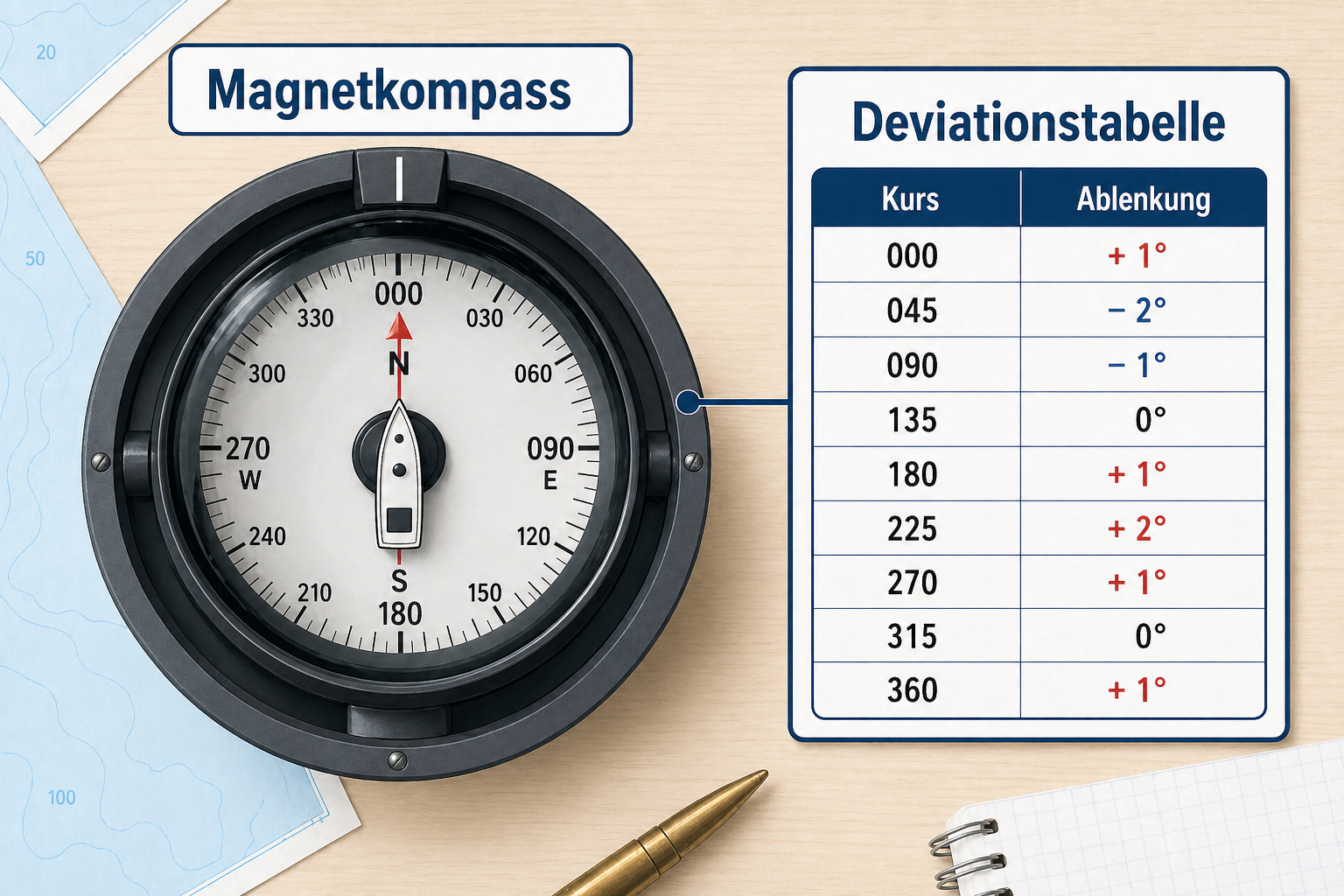 Diagramm mit Magnetkompass und schiffsspezifischer Deviationstabelle für Kurs und Ablenkung
