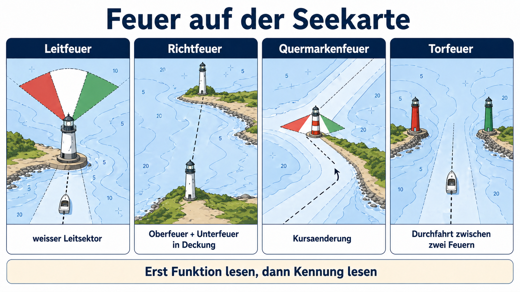 Eigene Lernskizze zu Leitfeuer, Richtfeuer, Quermarkenfeuer und Torfeuer auf einer stilisierten Seekarte