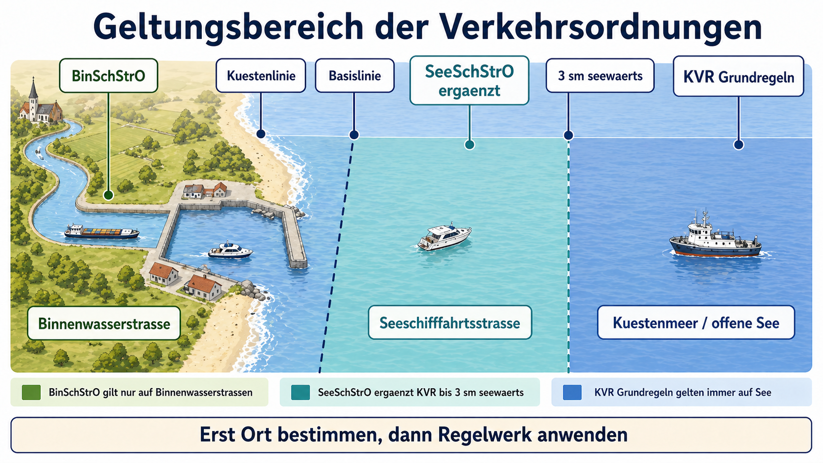Eigene schematische Lernskizze zu Binnenwasserstraße, Seeschifffahrtsstraße, SeeSchStrO-Ergänzung und KVR-Grundregeln