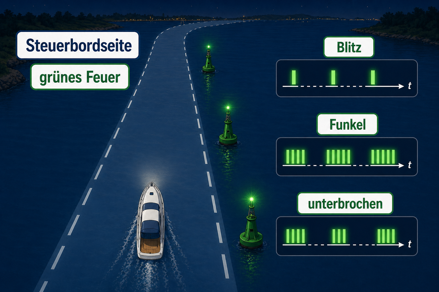 Grüne befeuerte Leuchttonnen an der Steuerbordseite des Fahrwassers mit Blitz, Funkel und unterbrochenem Feuer