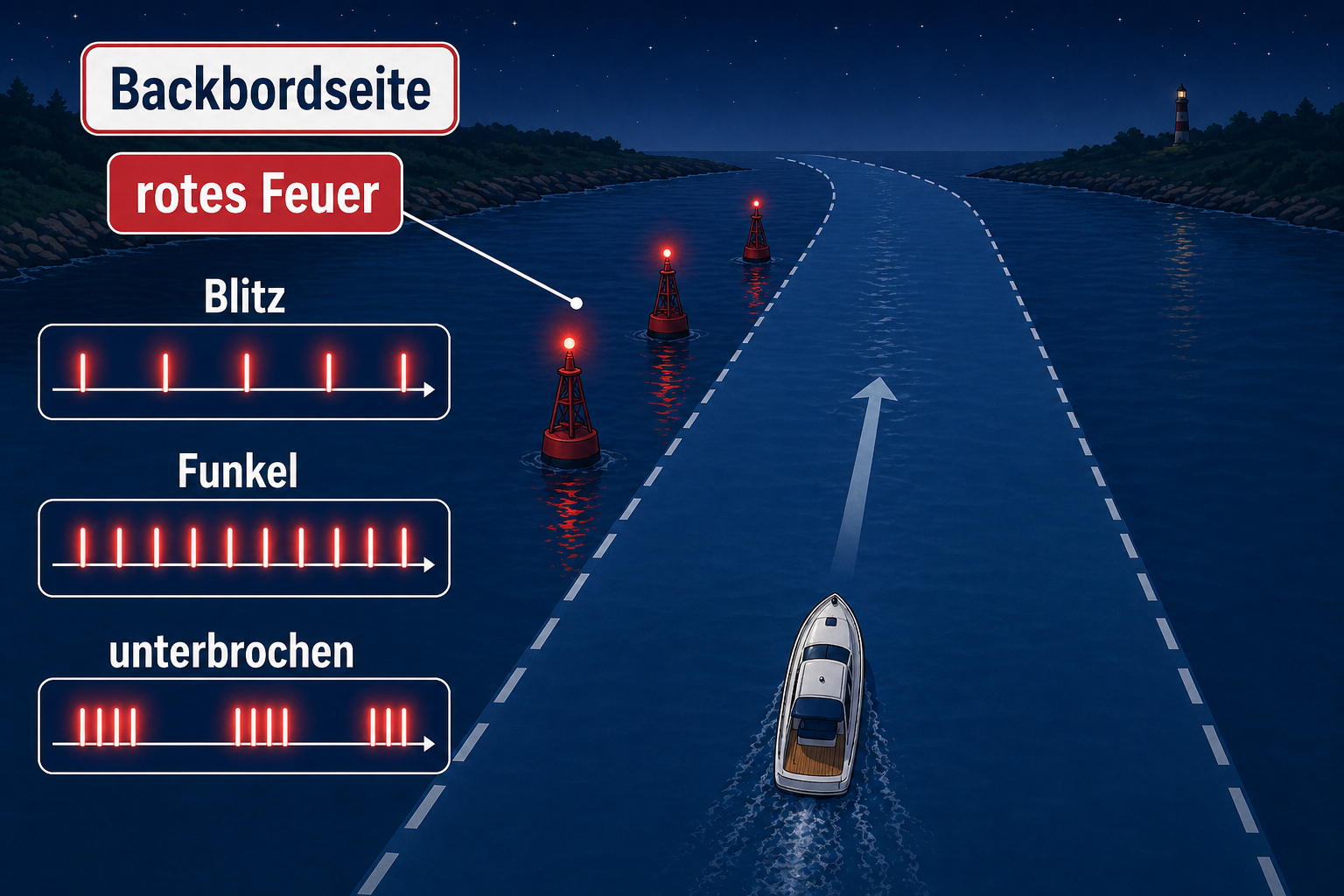 Rote befeuerte Leuchttonnen an der Backbordseite des Fahrwassers mit Blitz, Funkel und unterbrochenem Feuer