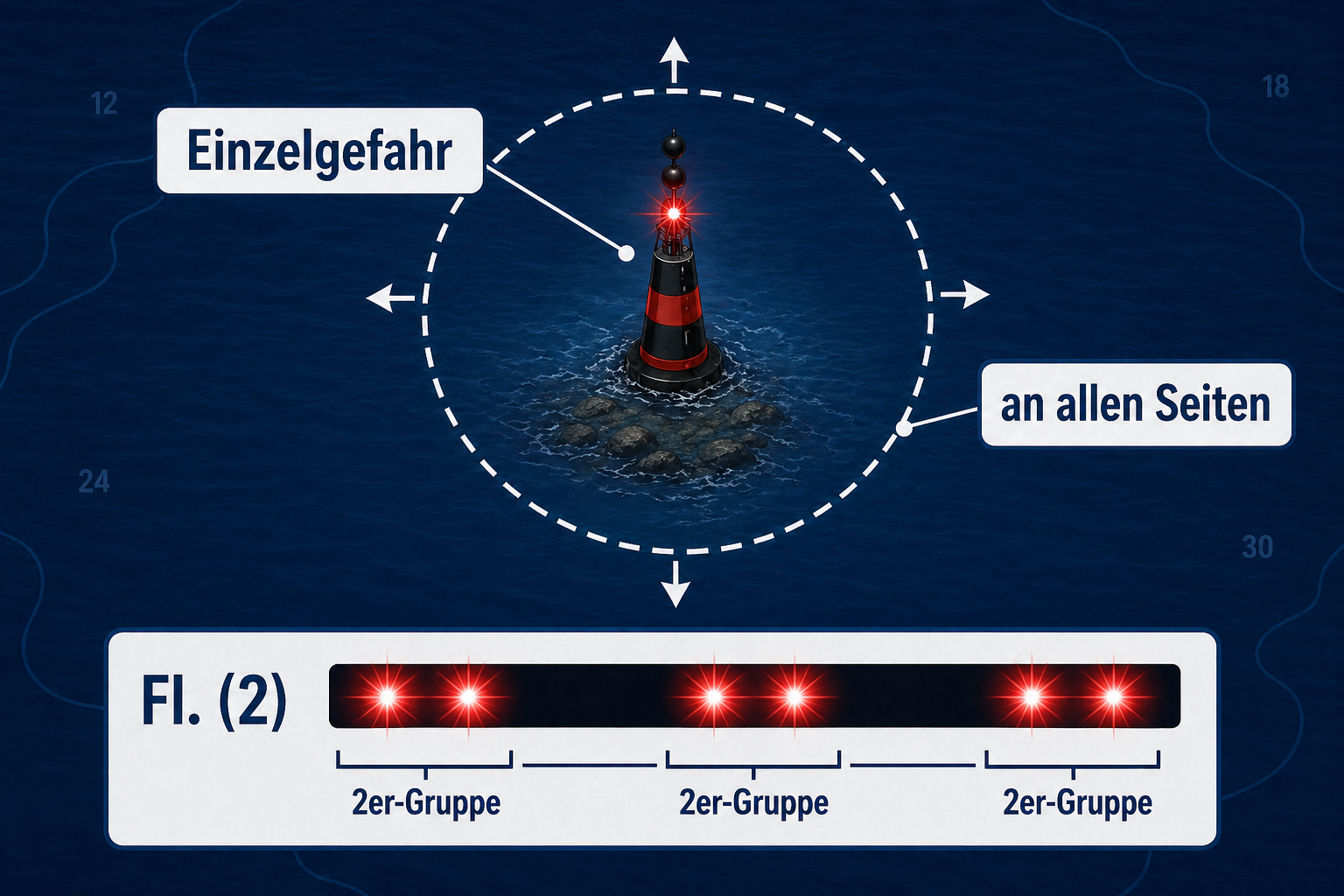Einzelgefahrenstelle mit schwarz-roter Tonne, Kennung Fl. 2 und Passiermöglichkeit an allen Seiten