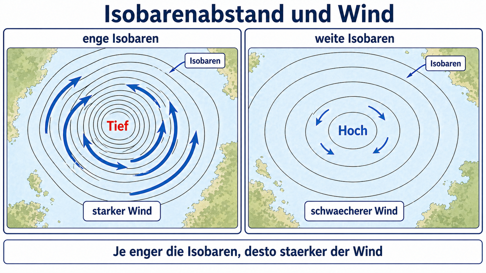 Eigene Lernskizze zum Zusammenhang zwischen engem Isobarenabstand und stärkerem Wind auf der Wetterkarte
