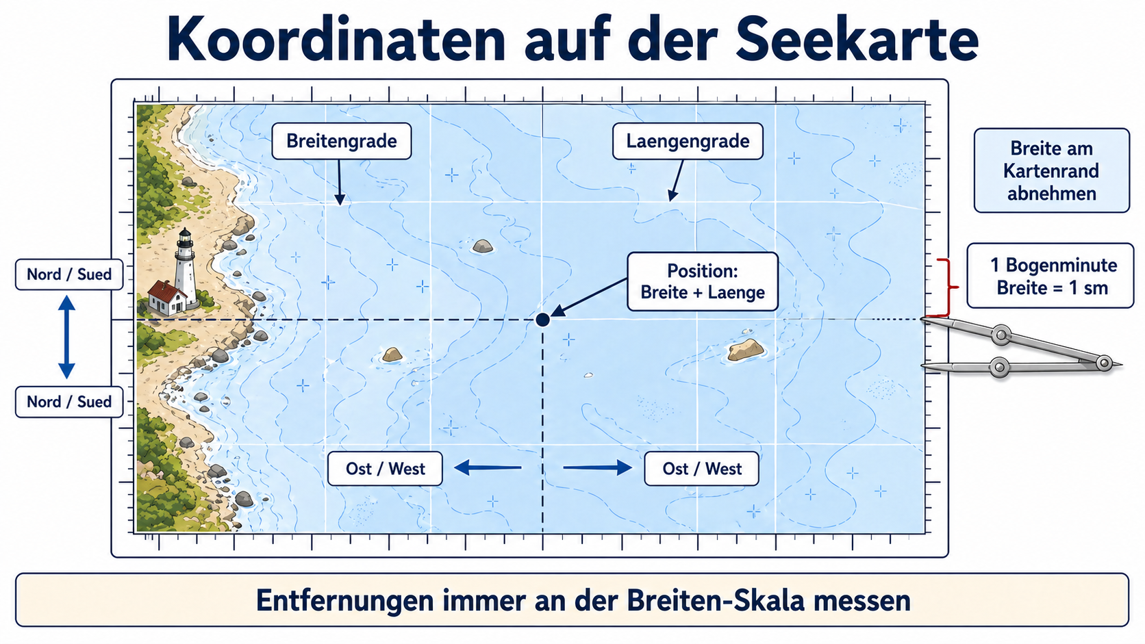 Eigene Lernskizze zu Breitengraden, Längengraden, Bogenminute, Seemeile und Messung an der Breiten-Skala