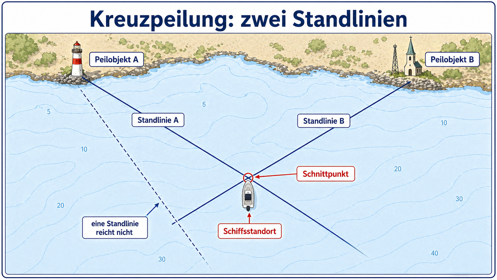 Eigene Lernskizze zur Kreuzpeilung mit zwei Peilobjekten, zwei Standlinien und Schnittpunkt als Schiffsstandort