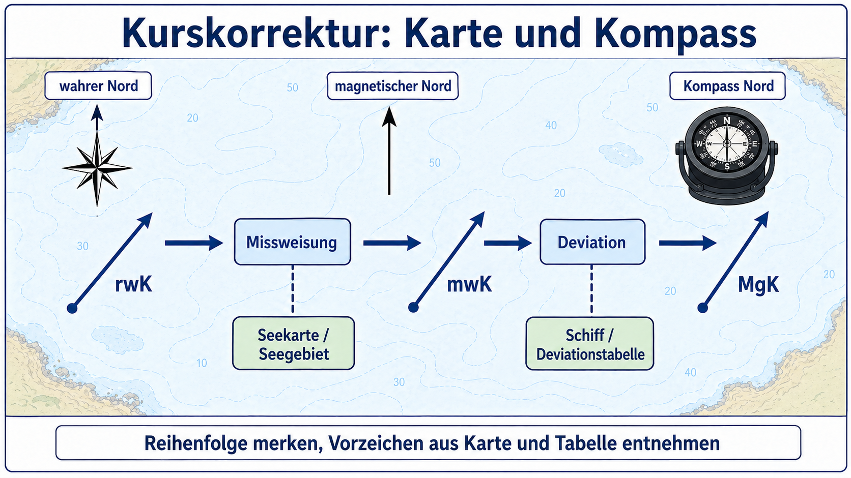 Eigene Lernskizze zur Kurskorrektur von rwK über Missweisung und mwK über Deviation zum MgK