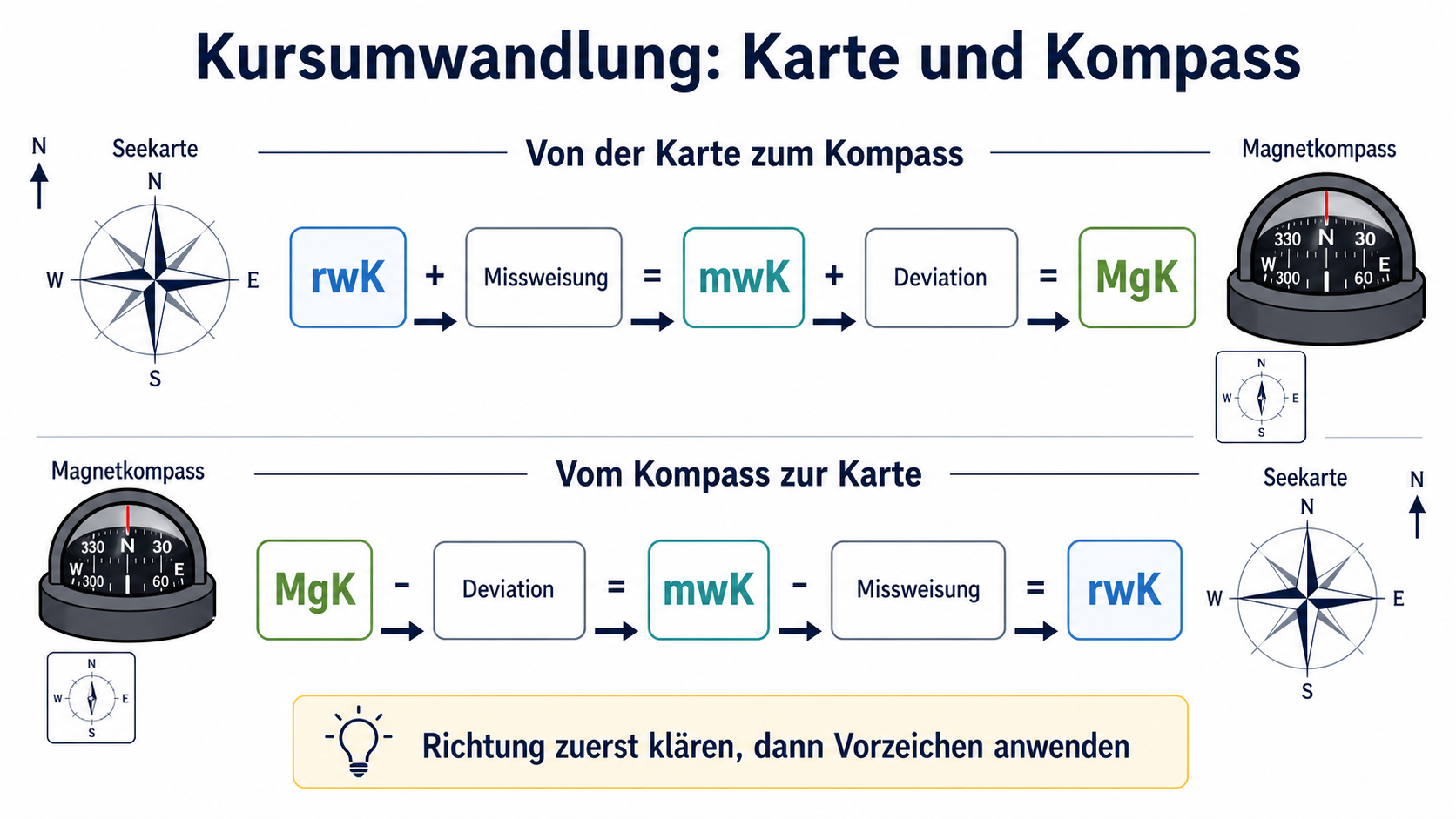 Eigene Lernskizze zur Kursumwandlung zwischen rechtweisendem Kurs, missweisendem Kurs und Magnetkompasskurs