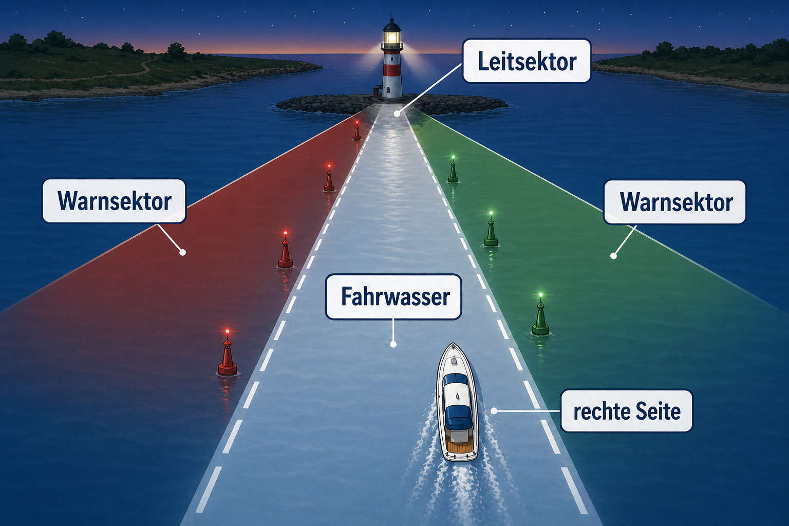 Sektorenfeuer mit weißem Leitsektor im Fahrwasser und roten sowie grünen Warnsektoren