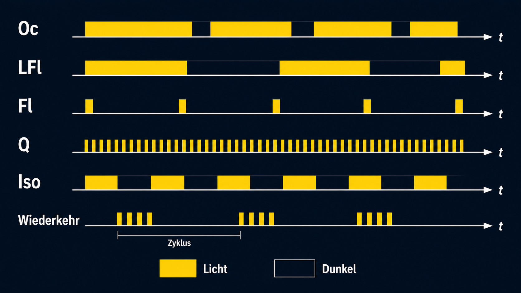 Zeitdiagramm für Leuchtfeuer-Kennungen mit hellen und dunklen Phasen, kurzer Blitz, langer Blitz, Funkel, Gleichtakt und Wiederkehr