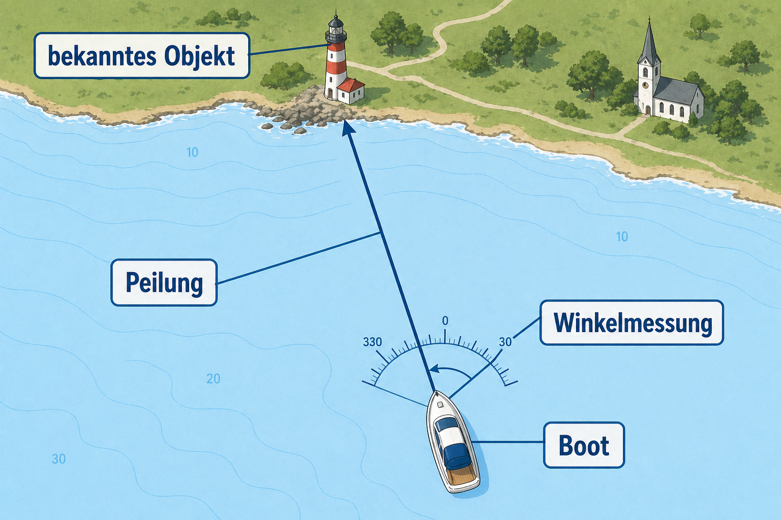 Seekartendiagramm einer Peilung vom Boot zu einem bekannten feststehenden Objekt an Land