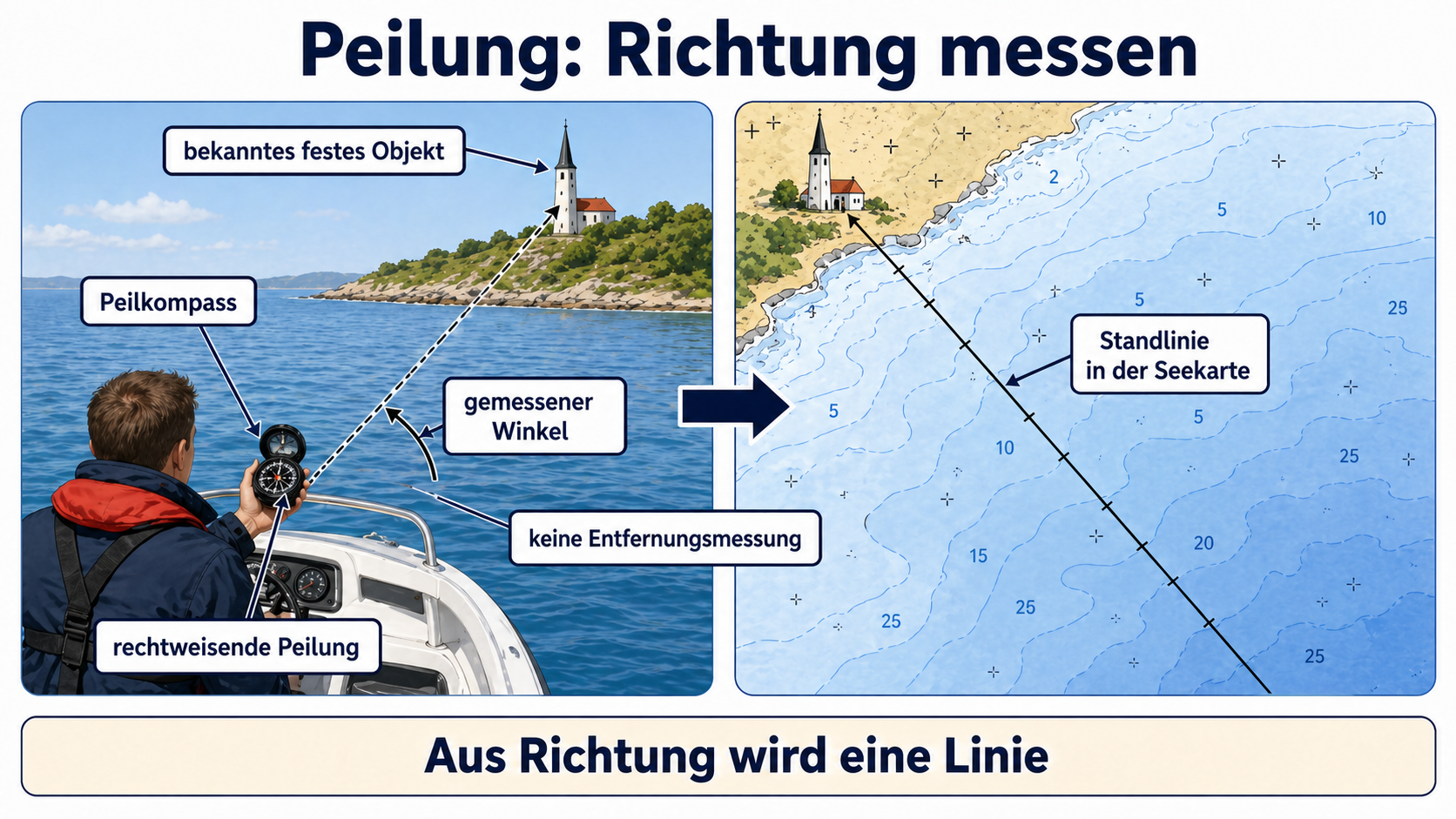 Eigene Lernskizze zur Peilung eines bekannten festen Objekts mit Peilkompass und Übertragung als Standlinie in die Seekarte