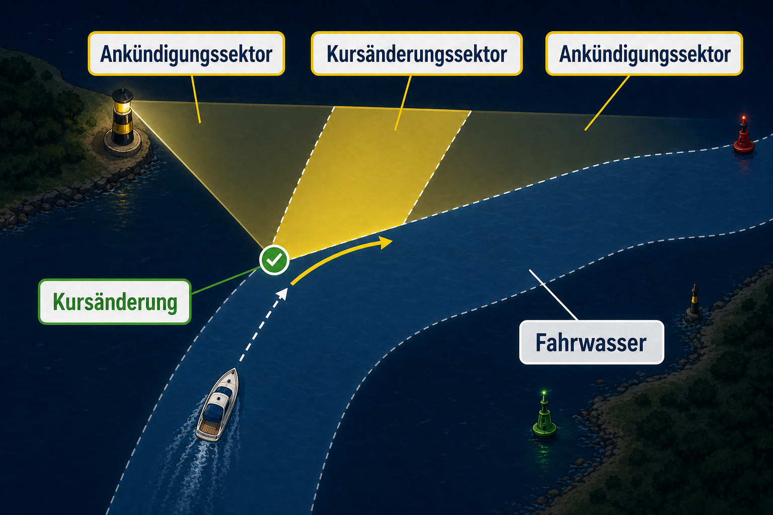 Quermarkenfeuer mit Ankündigungssektoren und Kursänderungssektor an einer Fahrwasserbiegung