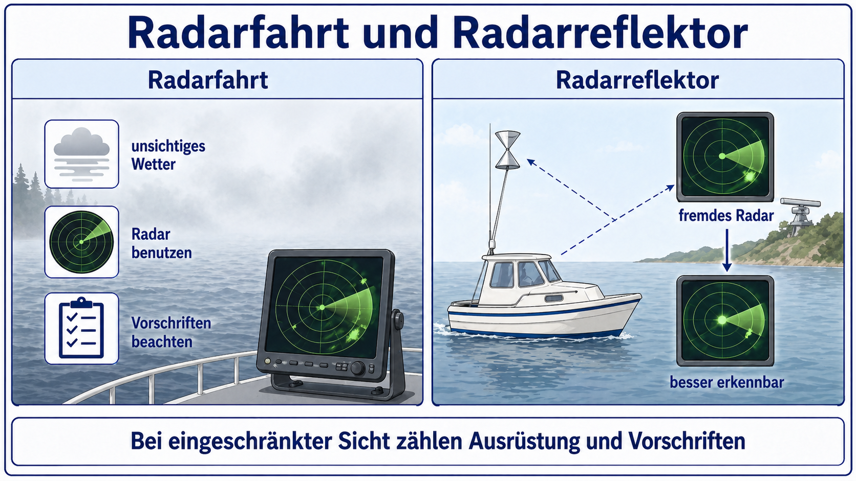 Eigene Lernskizze zu Radarfahrt bei unsichtigem Wetter und Radarreflektor zur besseren Erkennbarkeit auf fremdem Radar