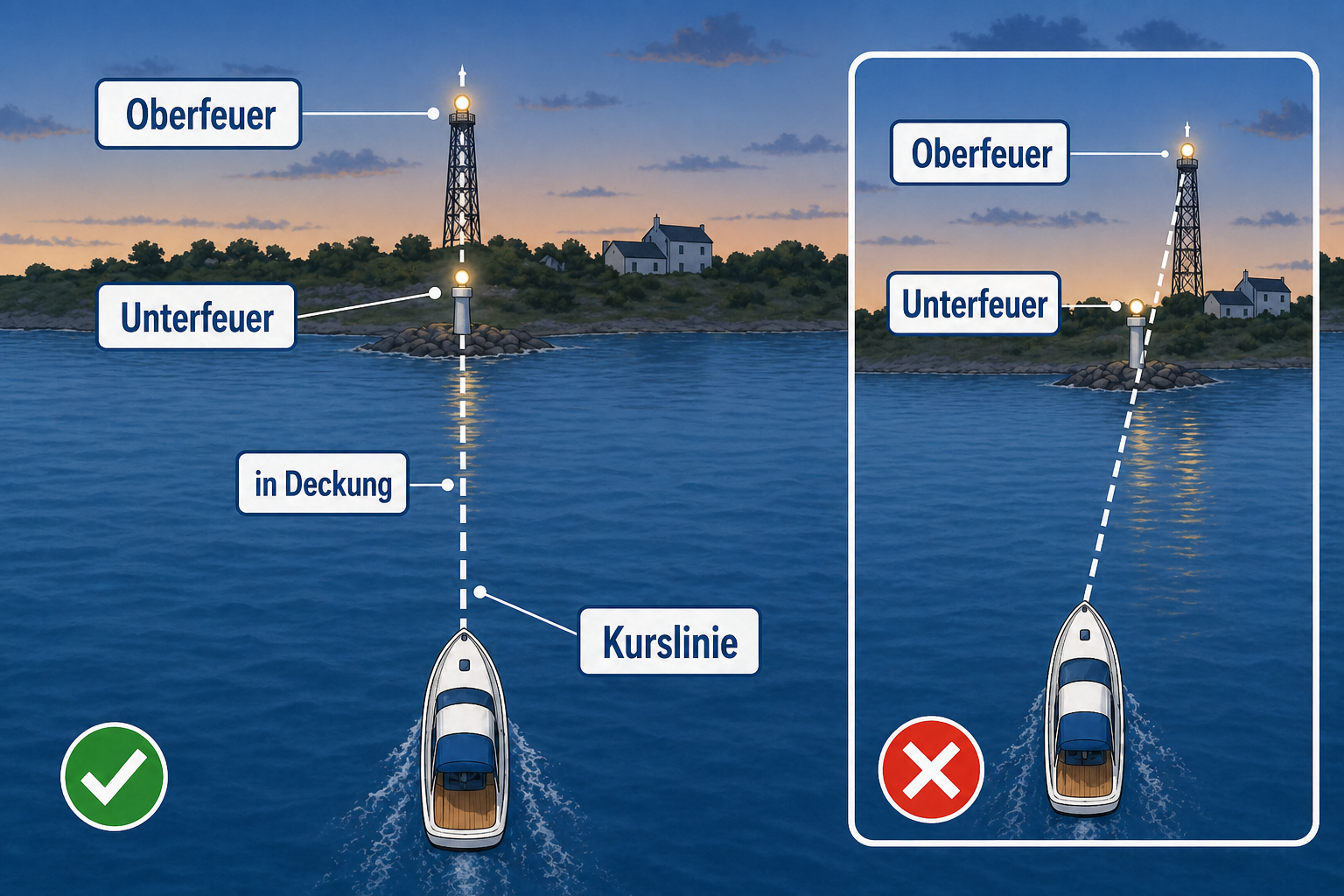 Richtfeuer mit Oberfeuer und Unterfeuer, die für den richtigen Kurs in Deckung gebracht werden