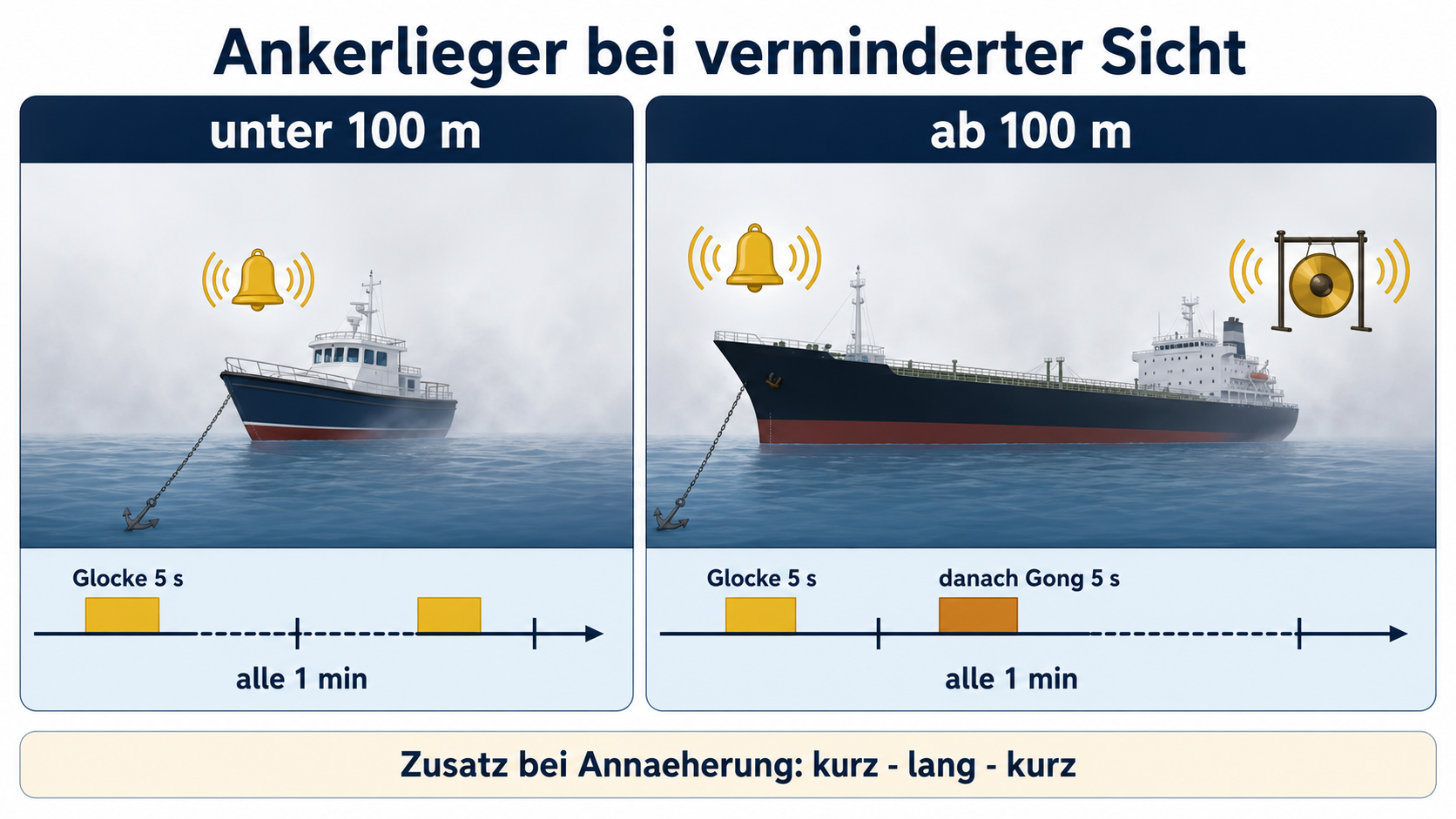 Eigene Vergleichsgrafik zu Schallsignalen von Ankerliegern bei verminderter Sicht unter 100 Metern und ab 100 Metern