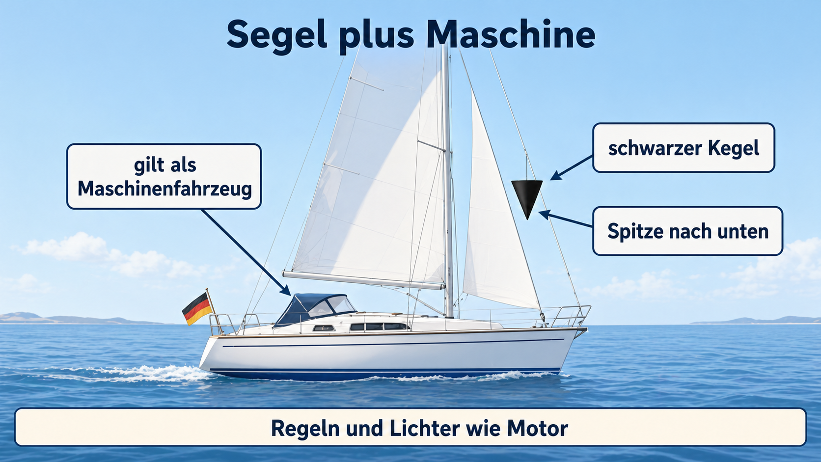 Eigene Lernskizze zu einem Segelfahrzeug unter Maschine mit schwarzem Kegel mit Spitze nach unten