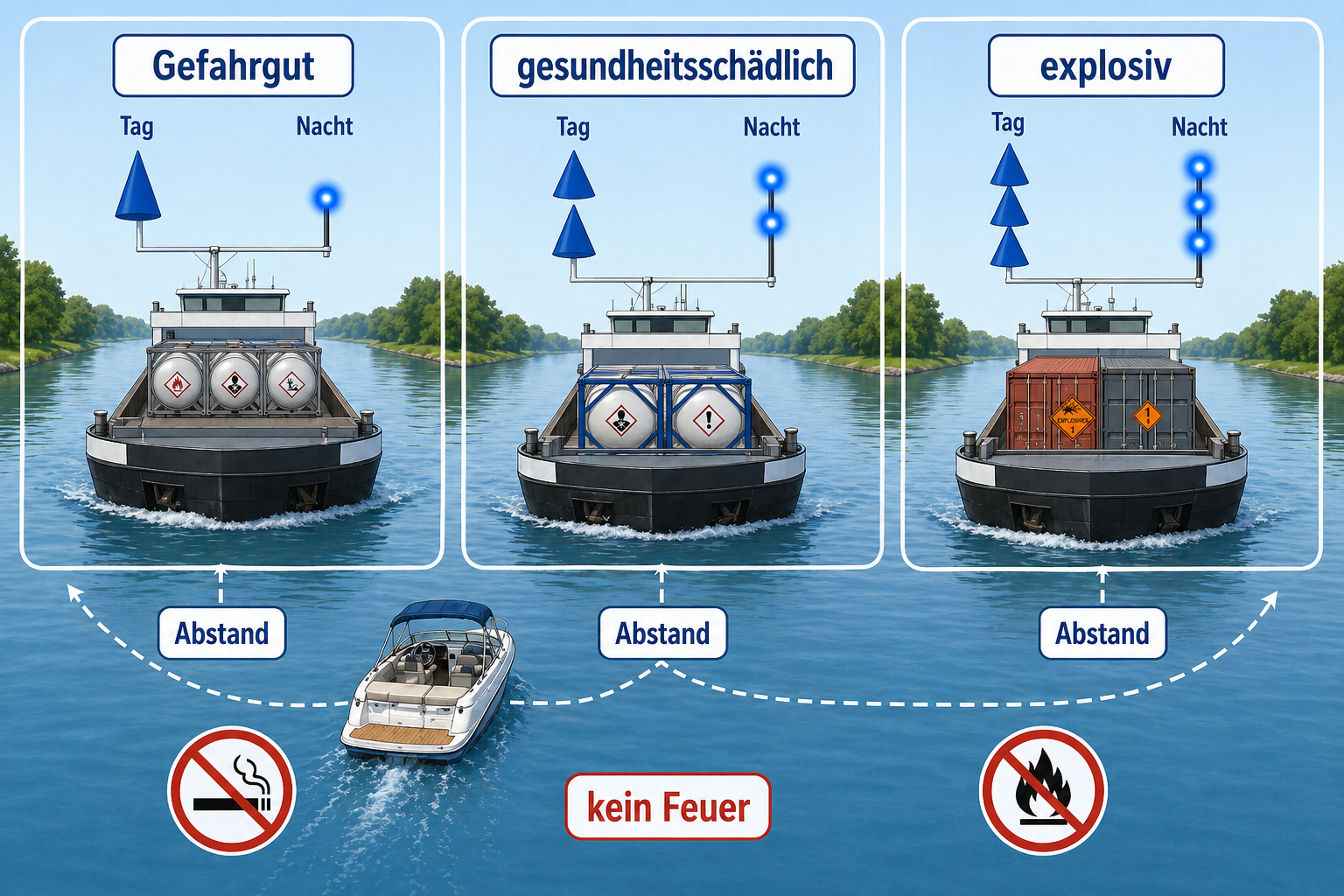 Erklärgrafik zu Gefahrgutzeichen mit einem, zwei und drei blauen Kegeln beziehungsweise Lichtern und Abstand halten
