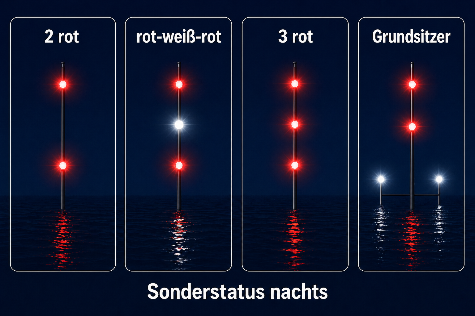 Vergleichsgrafik der Nachtbezeichnungen mit zwei roten Lichtern, rot-weiß-rot, drei roten Lichtern und Grundsitzer