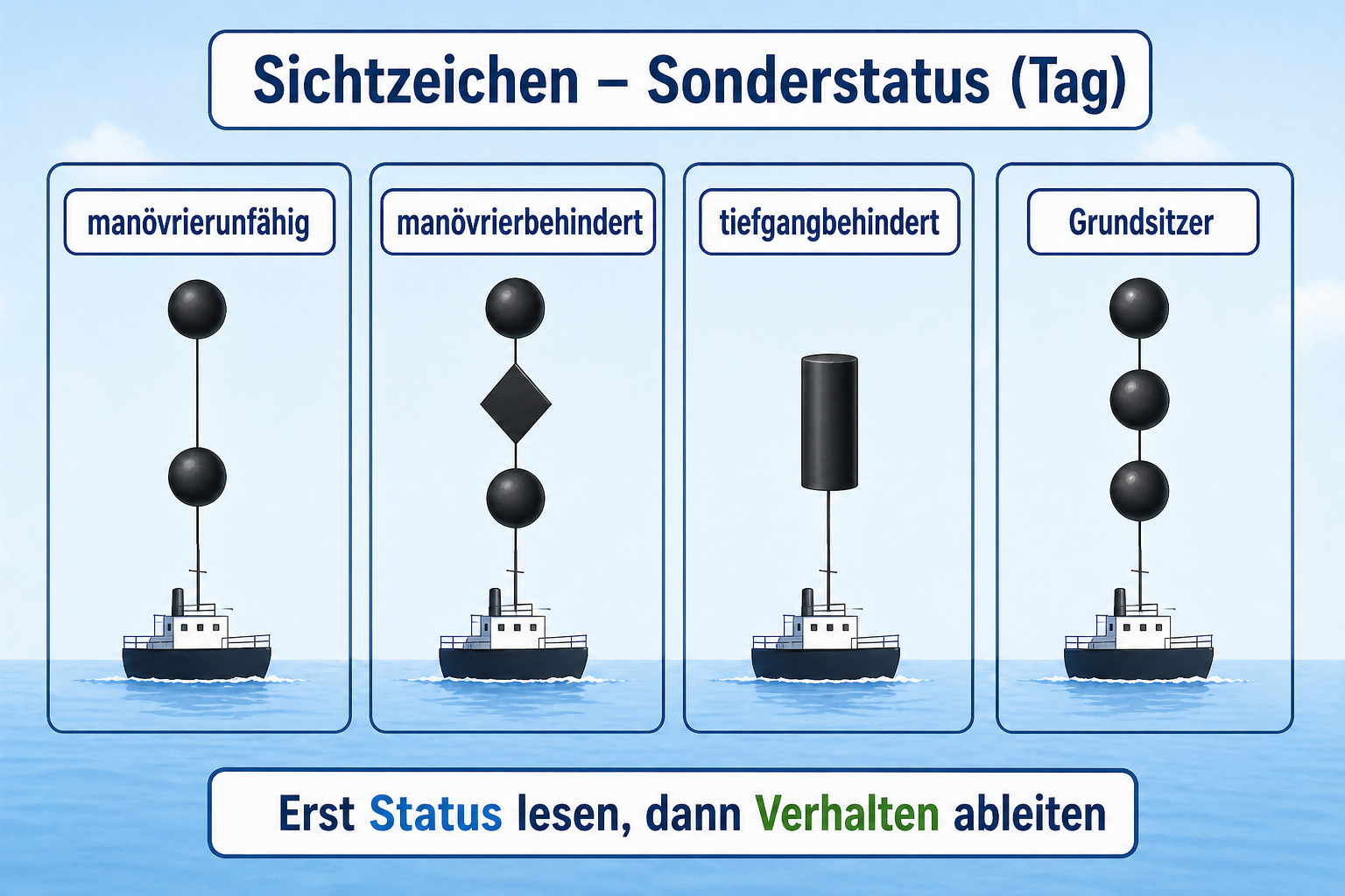 Vergleichsgrafik der Tagzeichen für manövrierunfähig, manövrierbehindert, tiefgangbehindert und Grundsitzer