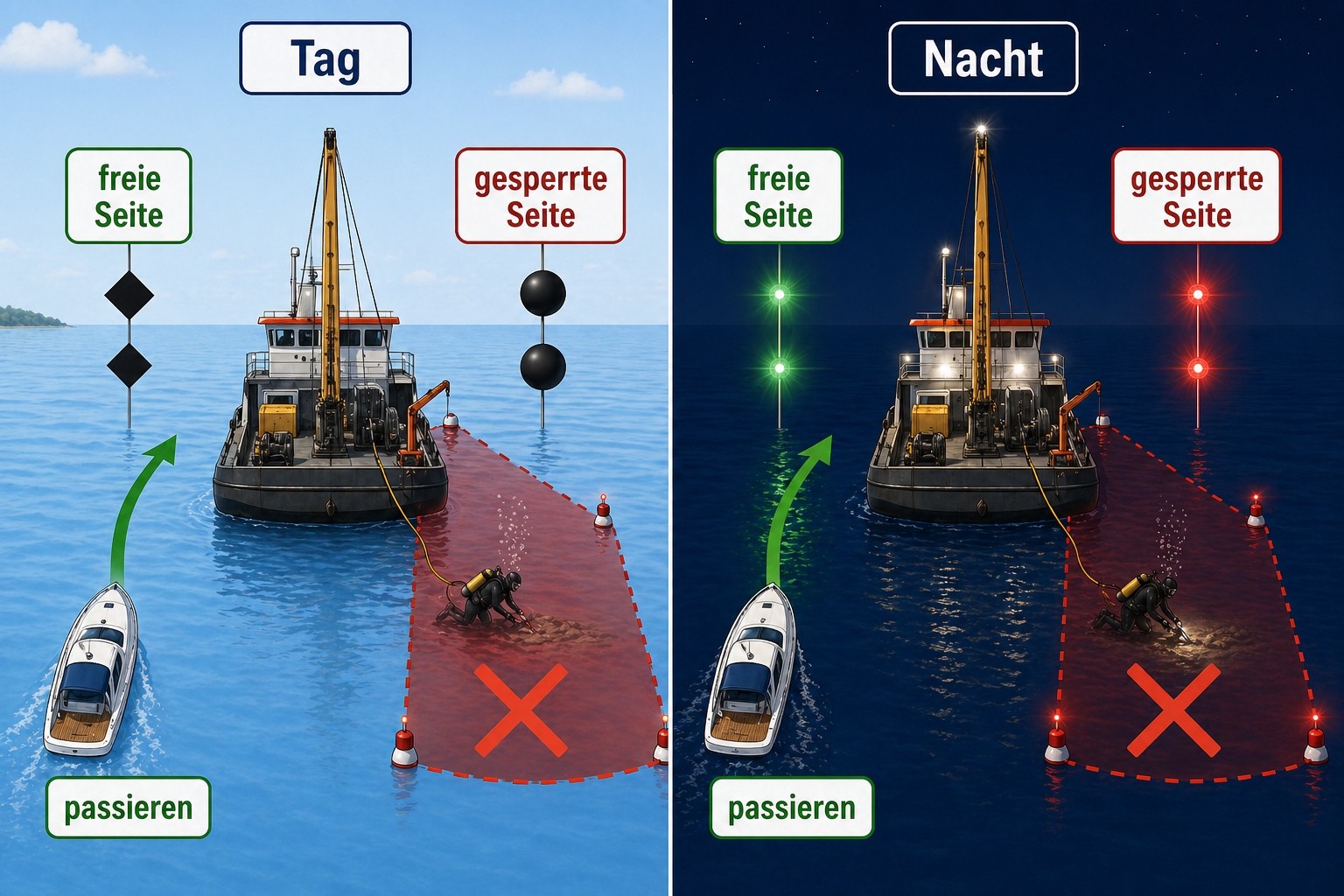 Erklärgrafik zu Unterwasserarbeiten mit freier Seite und gesperrter Seite bei Tag und Nacht