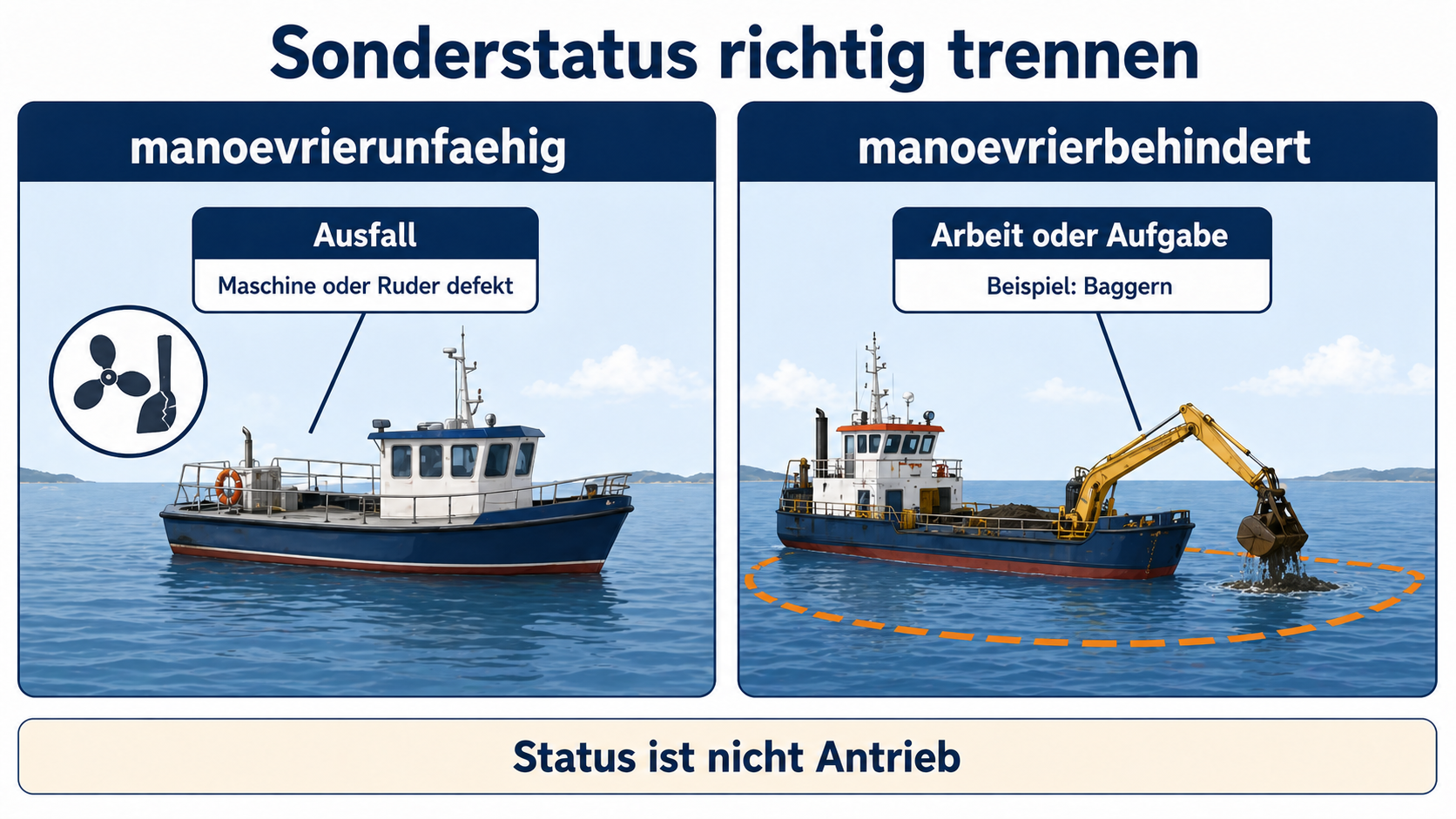 Eigene Lernskizze zum Unterschied zwischen manövrierunfähig wegen Ausfall und manövrierbehindert wegen Arbeit oder Aufgabe