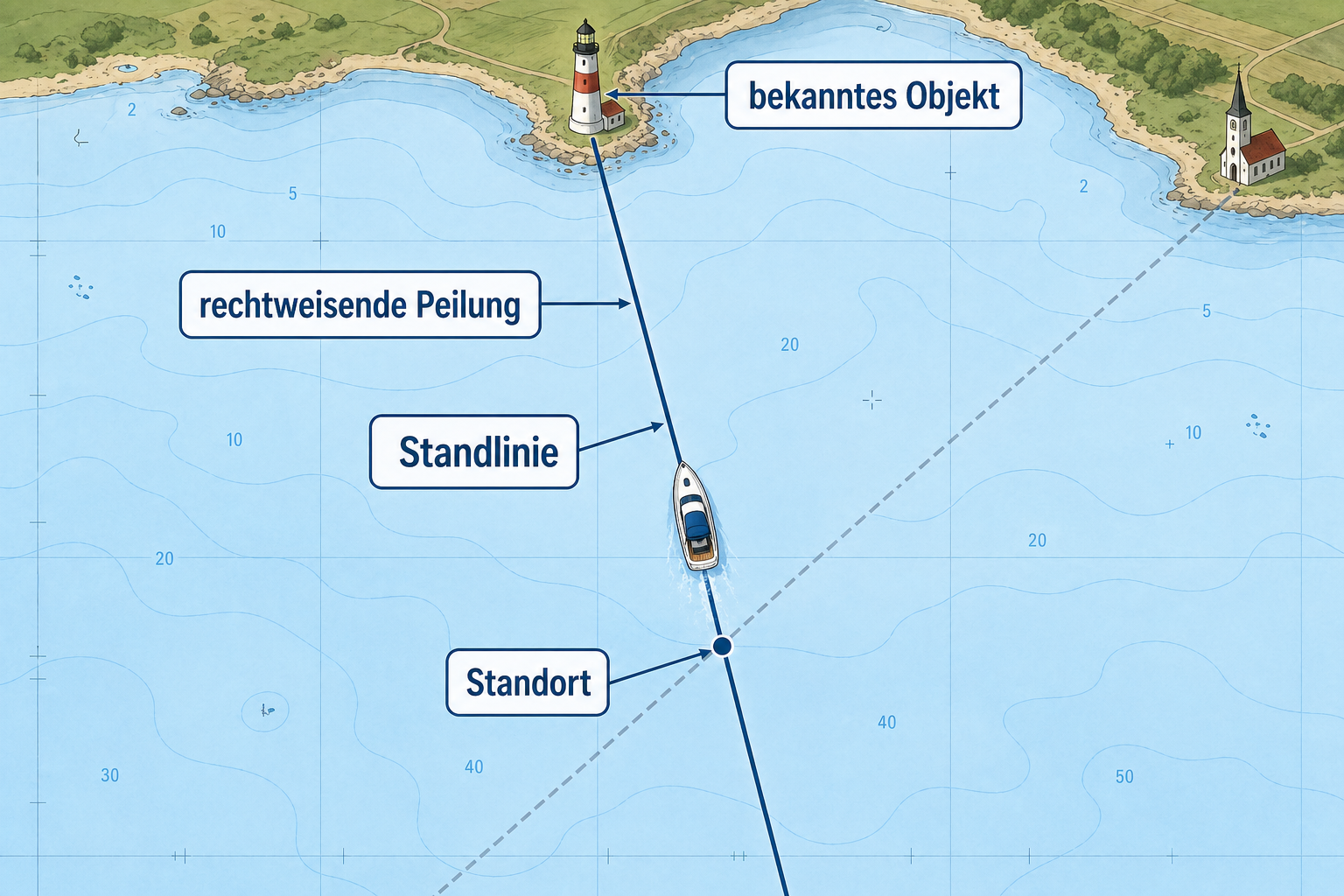 Seekartendiagramm mit rechtweisender Peilung zu einem bekannten Objekt und eingetragener Standlinie