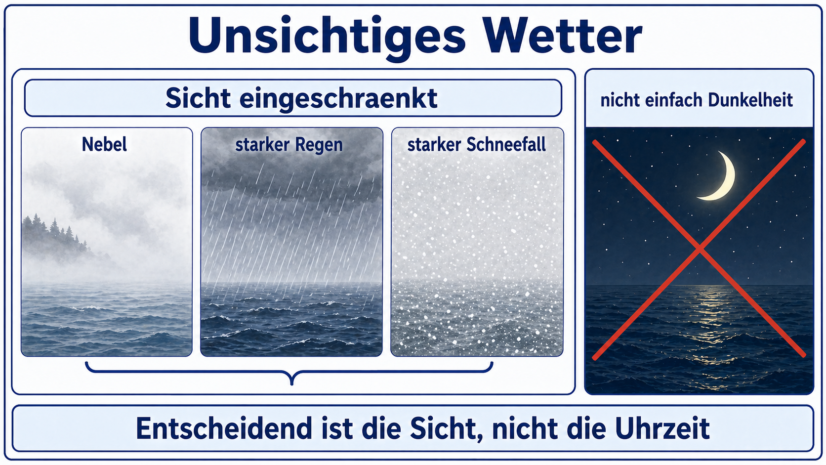 Eigene Lernskizze zu unsichtigem Wetter als Sichtbeeinträchtigung durch Nebel, starken Regen oder starken Schneefall, nicht einfach Dunkelheit