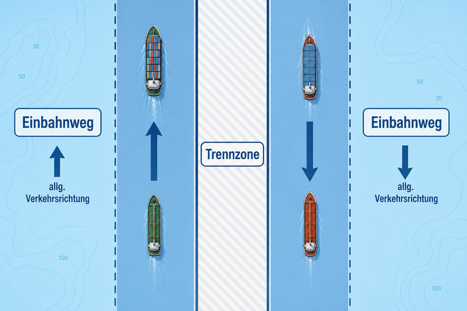 Top-down-Diagramm eines Verkehrstrennungsgebiets mit zwei Einbahnwegen, gegenläufigen Verkehrsrichtungen und einer Trennzone in der Mitte