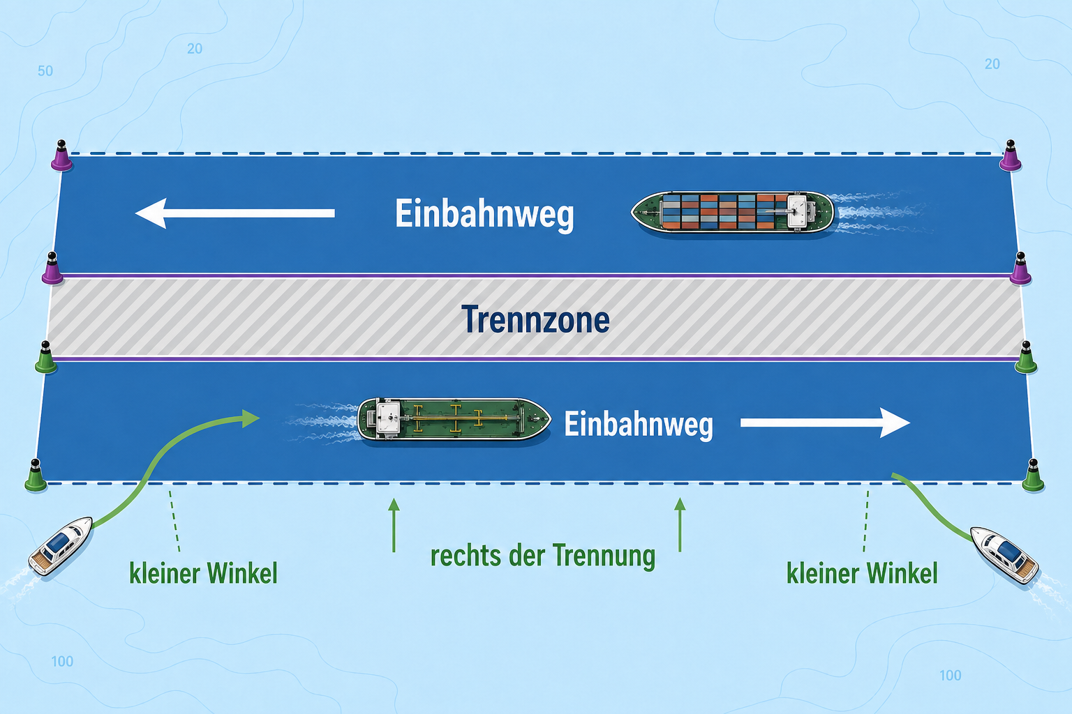 Diagramm eines Verkehrstrennungsgebiets, in dem Fahrzeuge im Einbahnweg fahren und seitlich in kleinem Winkel ein- und auslaufen