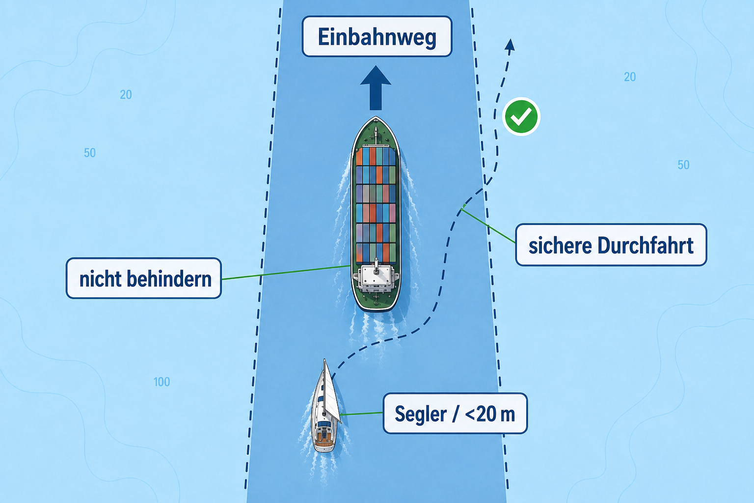 Diagramm eines Segelfahrzeugs oder kleinen Fahrzeugs, das im Verkehrstrennungsgebiet hinter einem Maschinenfahrzeug quert und dessen sichere Durchfahrt nicht behindert